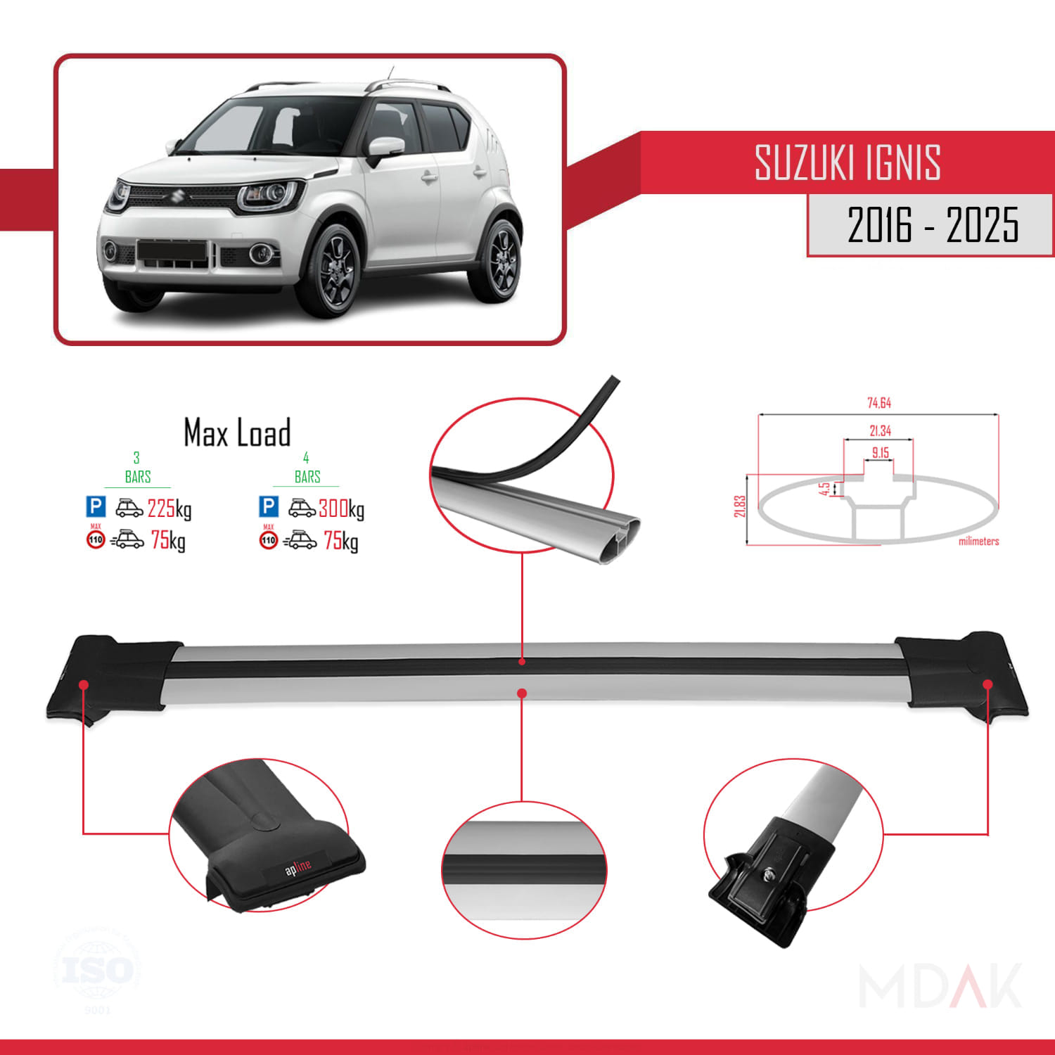 Suzuki Ignis 2016 ve Sonrası ile Uyumlu FLY Model Ara Atkı Tavan Barı Gri 3 Adet - Görsel 3