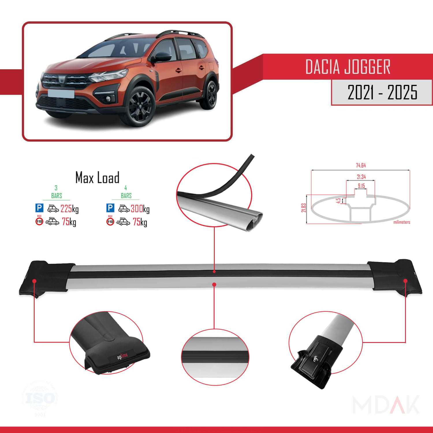 Dacia Jogger 2021 ve Sonrası ile Uyumlu FLY Model Ara Atkı Tavan Barı Gri 3 Adet - Görsel 3