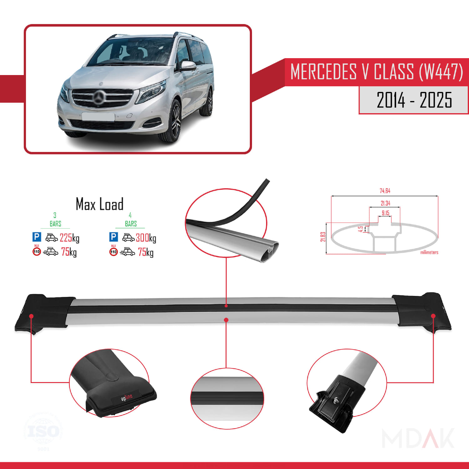 Mercedes V Class 3 (W447) 2014 ve Sonrası ile Uyumlu FLY Model Ara Atkı Tavan Barı Gri 4 Adet - Görsel 3
