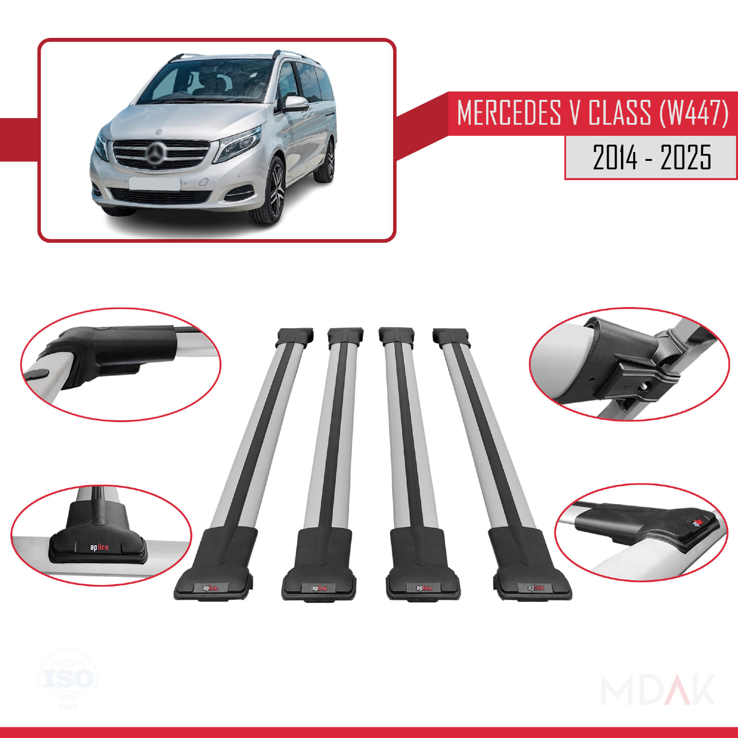 Mercedes V Class 3 (W447) 2014 ve Sonrası ile Uyumlu FLY Model Ara Atkı Tavan Barı Gri 4 Adet - Görsel 4