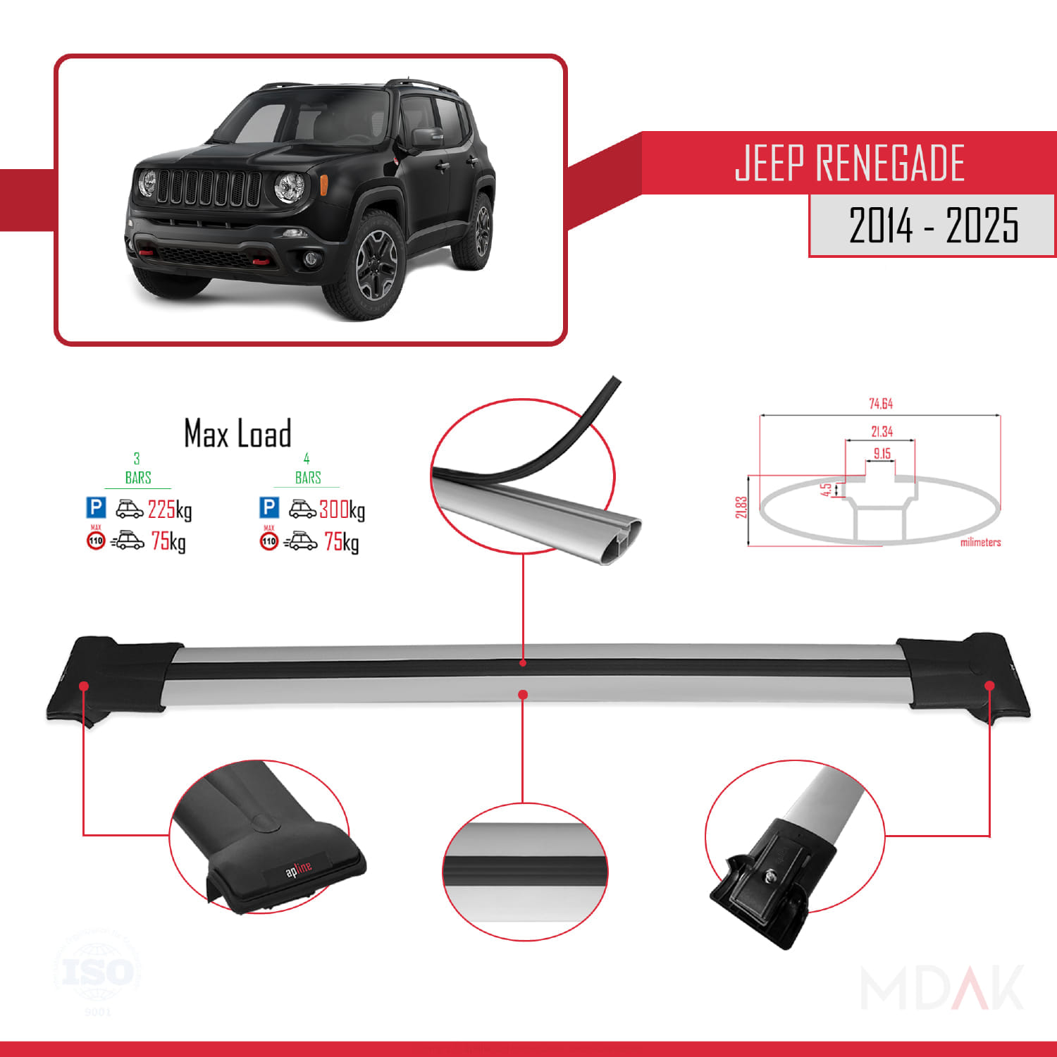 Jeep Renegade (BU) 2014 ve Sonrası ile Uyumlu FLY Model Ara Atkı Tavan Barı Gri 3 Adet - Görsel 3
