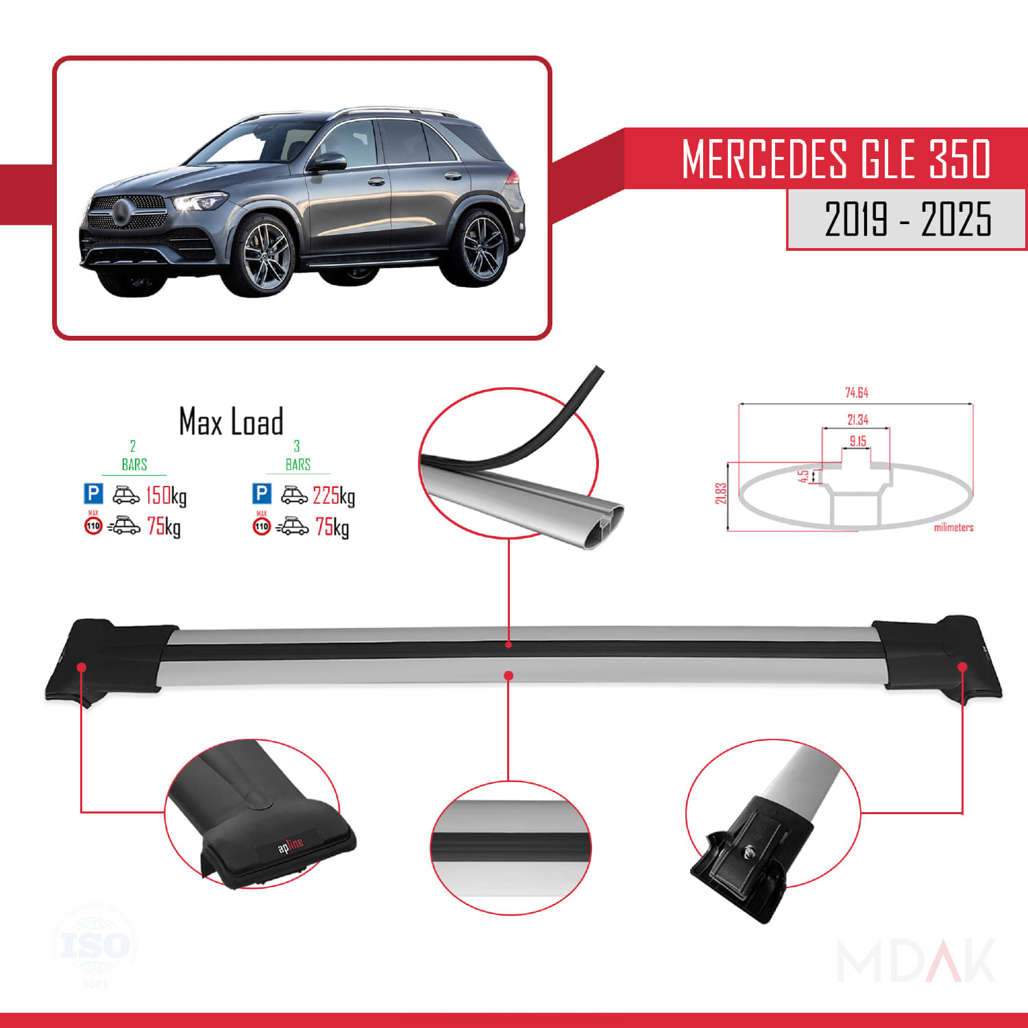 Mercedes GLE Class 4 (V167) 2018 ve Sonrası ile Uyumlu FLY Model Ara Atkı Tavan Barı Gri 2 Adet - Görsel 3