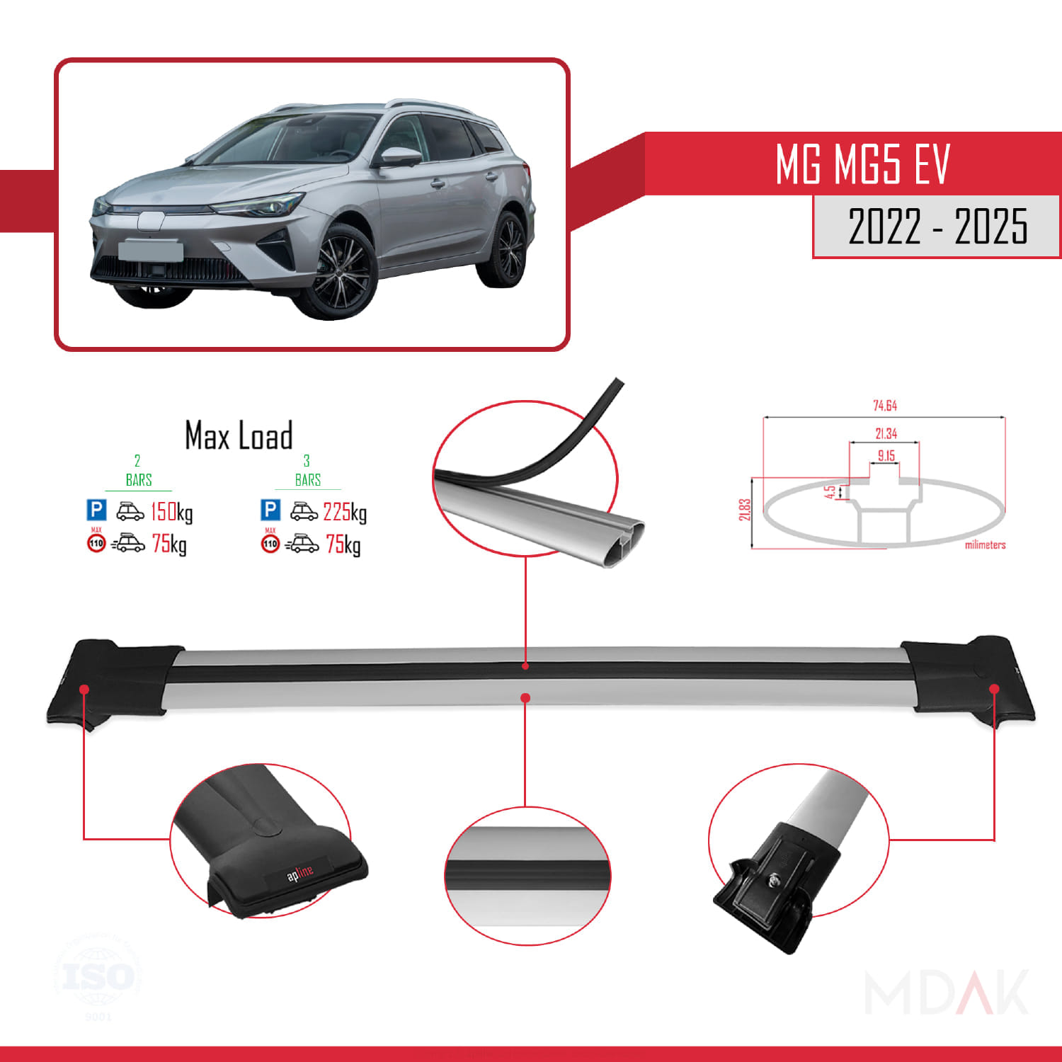 MG 5 EV 2022 ve sonrası ile Uyumlu FLY Model Ara Atkı Tavan Barı Gri 2 Adet - Görsel 3