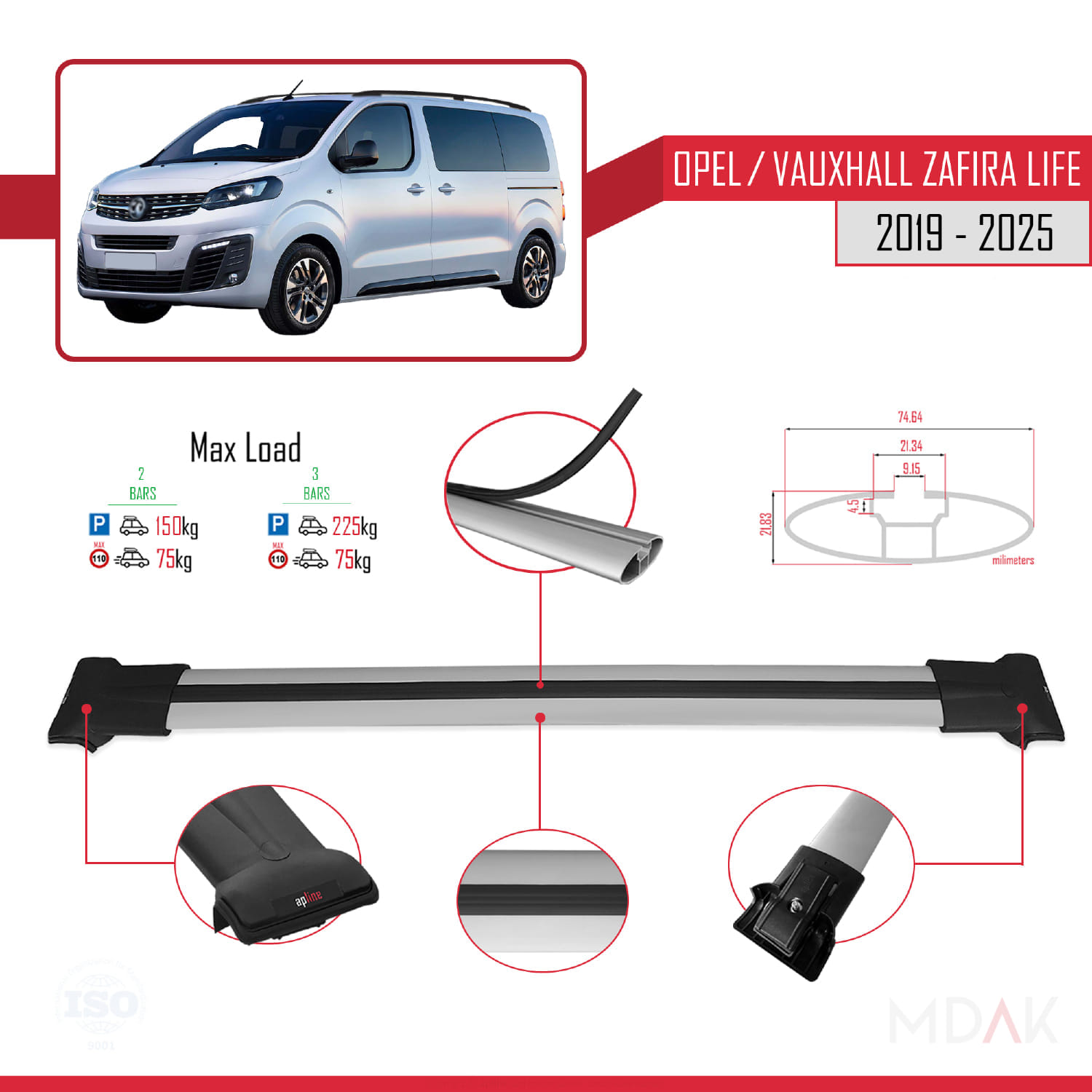 Opel Zafira Life 2019 ve Sonrası ile Uyumlu FLY Model Ara Atkı Tavan Barı Gri 2 Adet - Görsel 4