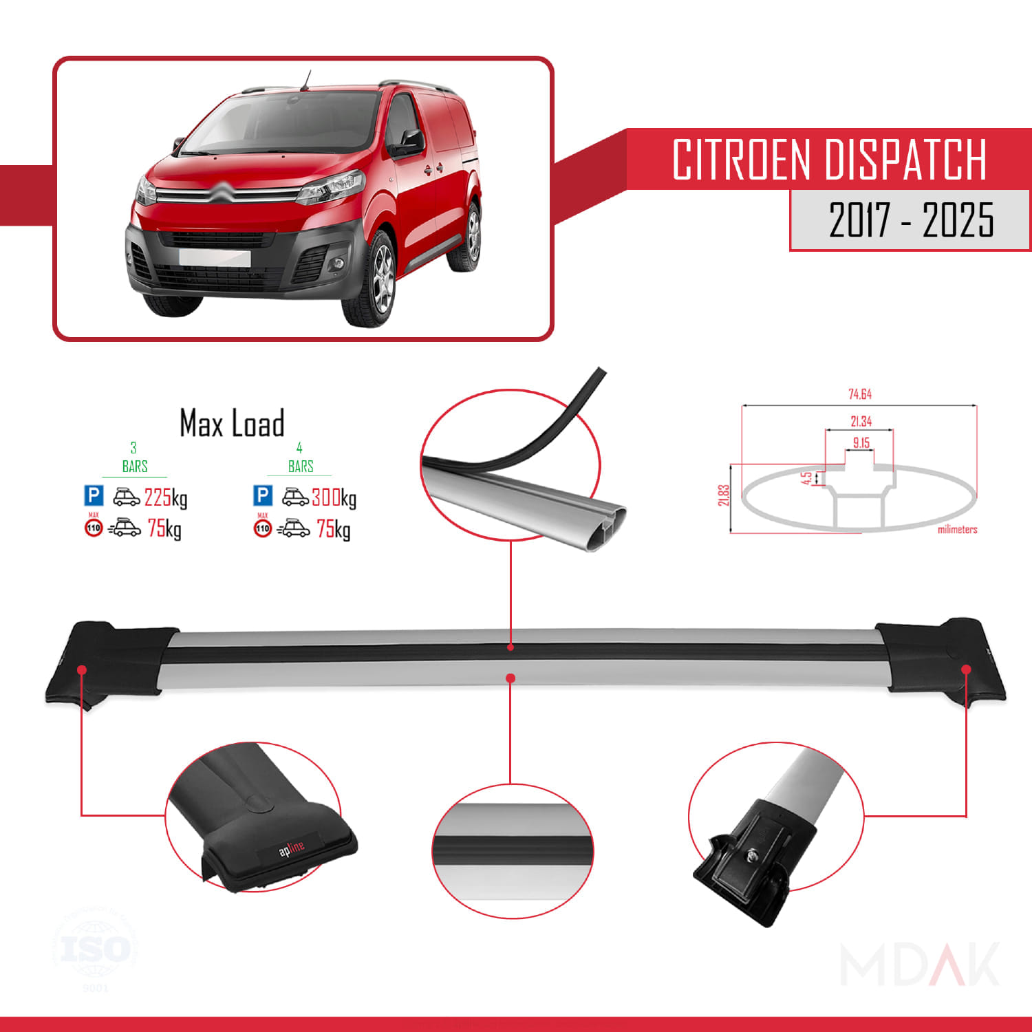 Citroen Dispatch (K0) 2017 ve Sonrası ile Uyumlu FLY Model Ara Atkı Tavan Barı Gri 4 Adet - Görsel 3