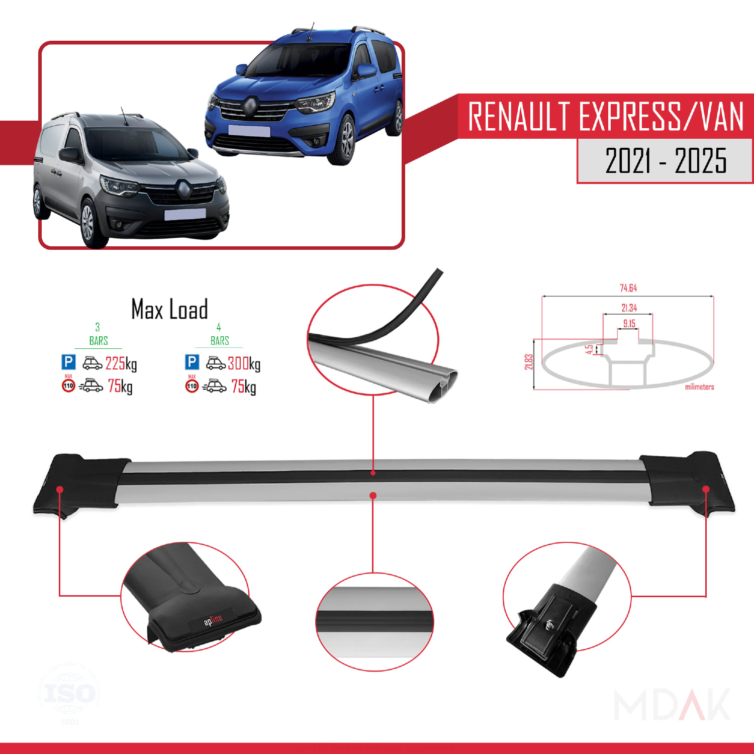 Renault Express 2021 ve Sonrası ile Uyumlu FLY Model Ara Atkı Tavan Barı Gri 3 Adet - Görsel 3