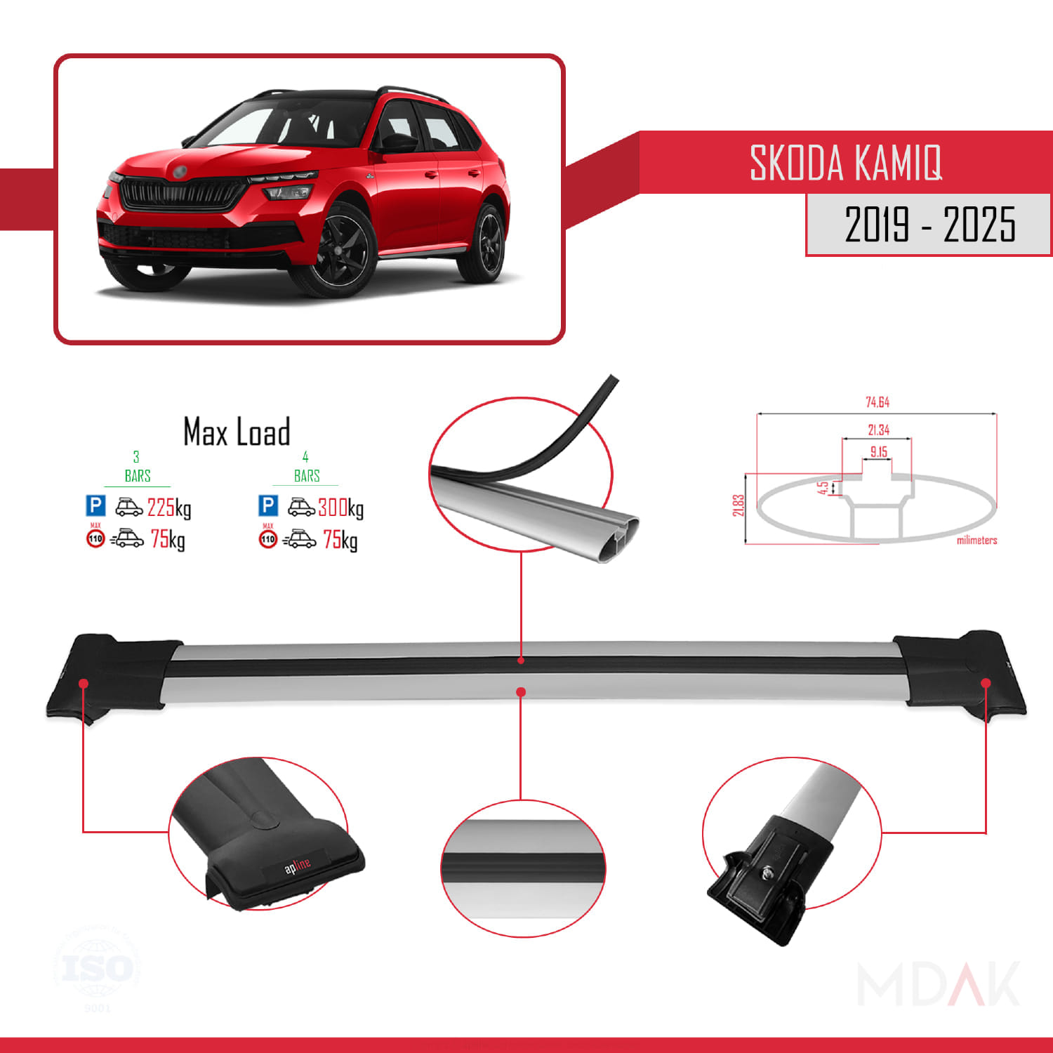 Skoda Kamiq 2019 ve Sonrası ile Uyumlu FLY Model Ara Atkı Tavan Barı Gri 3 Adet - Görsel 3