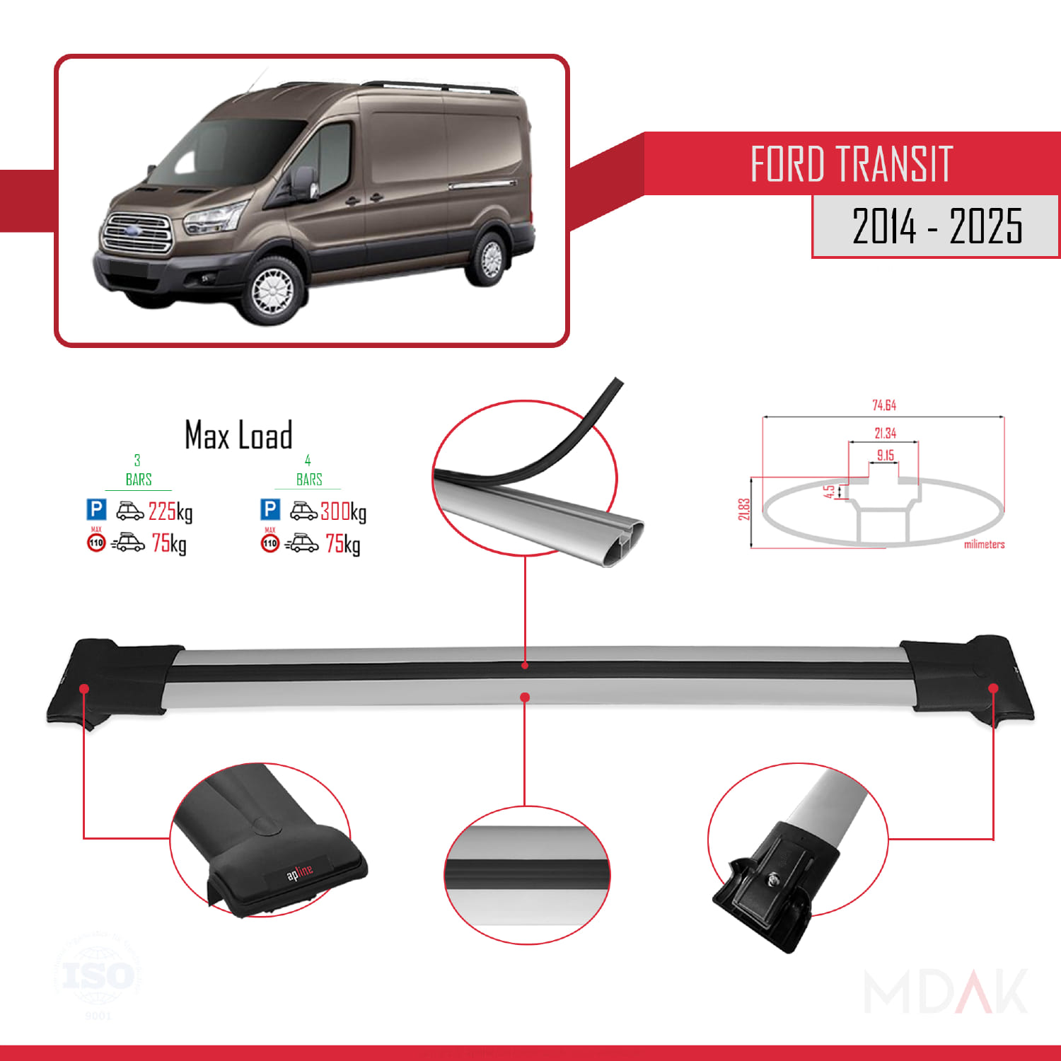 Ford Transit 2014 ve Sonrası ile Uyumlu FLY Model Ara Atkı Tavan Barı Gri 3 Adet - Görsel 3