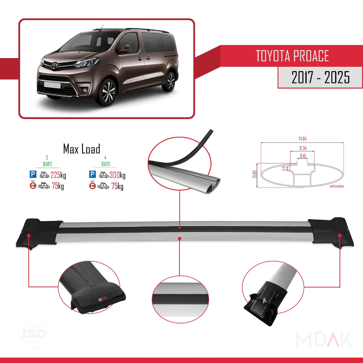 Toyota Proace 2017 ve Sonrası ile Uyumlu FLY Model Ara Atkı Tavan Barı Gri 3 Adet - Görsel 3