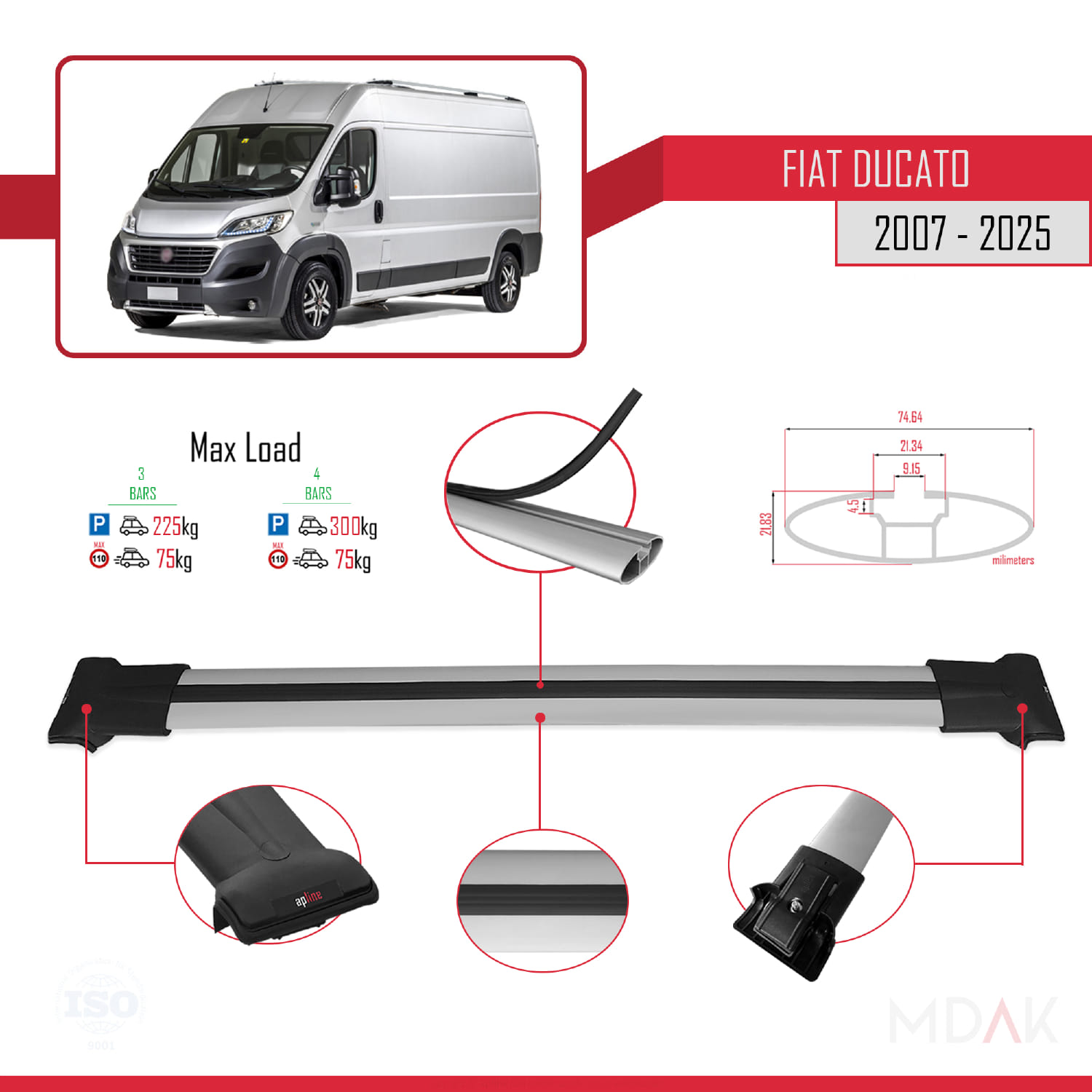 Fiat Ducato 3 2007 ve Sonrası ile Uyumlu FLY Model Ara Atkı Tavan Barı Gri 3 Adet - Görsel 3