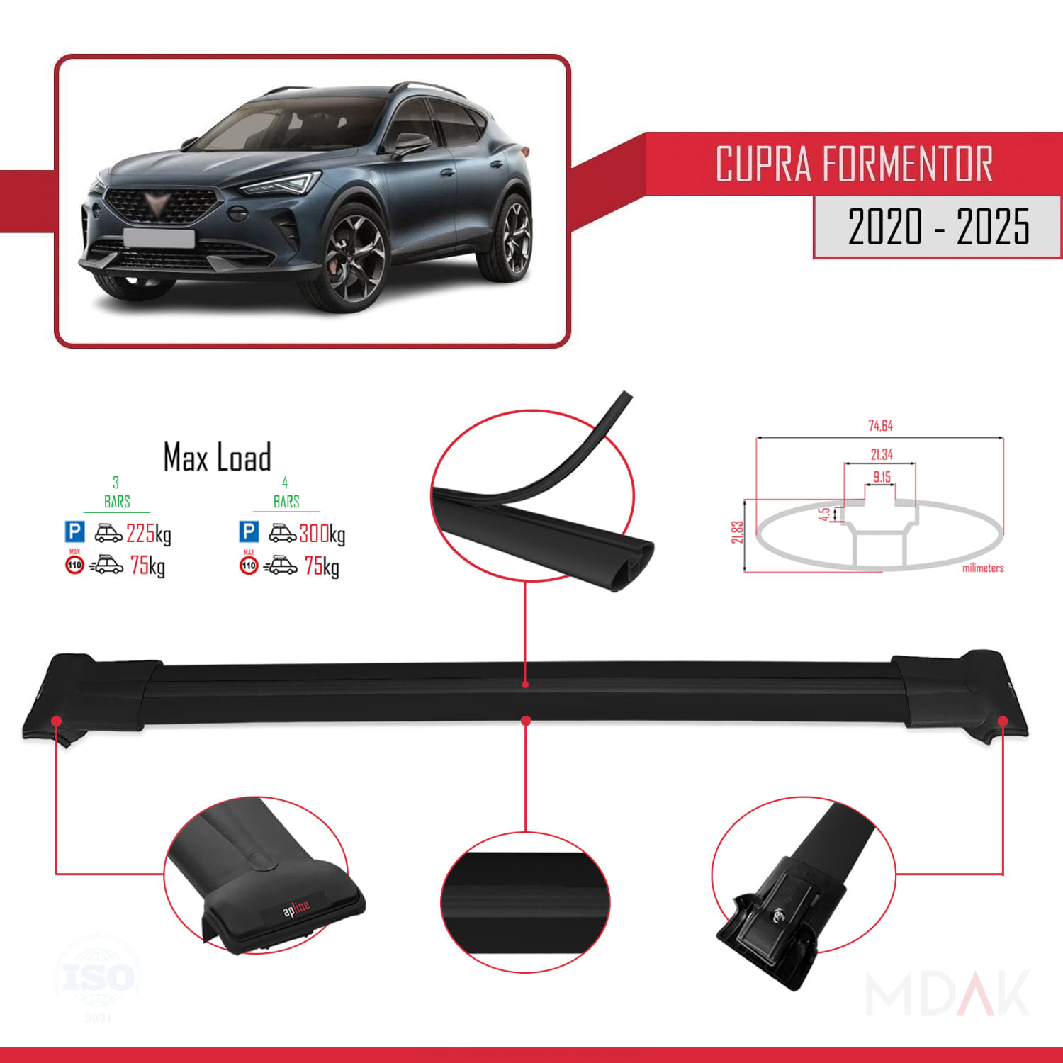 Cupra Formentor 2020 ve Sonrası ile Uyumlu FLY Model Ara Atkı Tavan Barı Siyah 3 Adet - Görsel 3