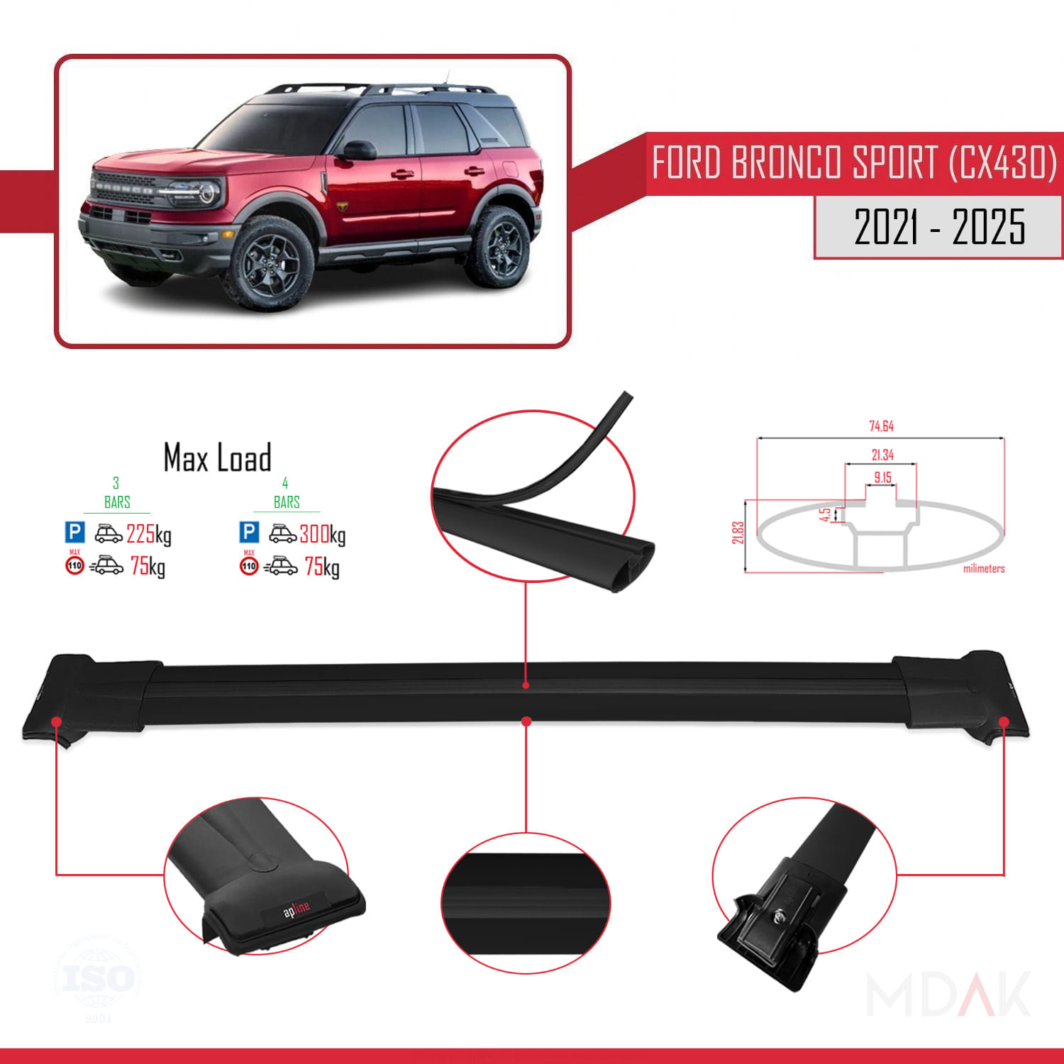 Ford Bronco Sport (CX430) 2021 ve Sonrası ile Uyumlu FLY Model Ara Atkı Tavan Barı Siyah 3 Adet - Görsel 3