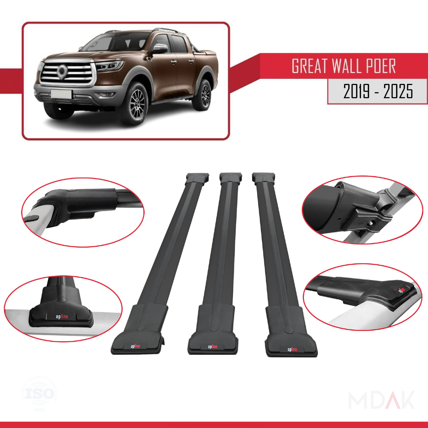 Great Wall Poer 2019 ve Sonrası ile Uyumlu FLY Model Ara Atkı Tavan Barı Siyah 3 Adet - Görsel 4