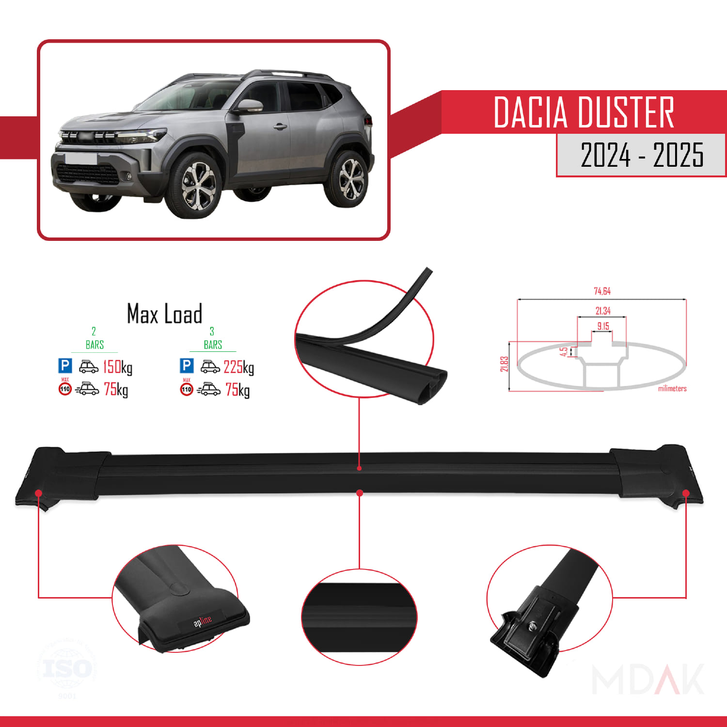 Dacia Duster 3 (P1310) 2024 ve Sonrası ile Uyumlu FLY Model Ara Atkı Tavan Barı Siyah 2 Adet - Görsel 4