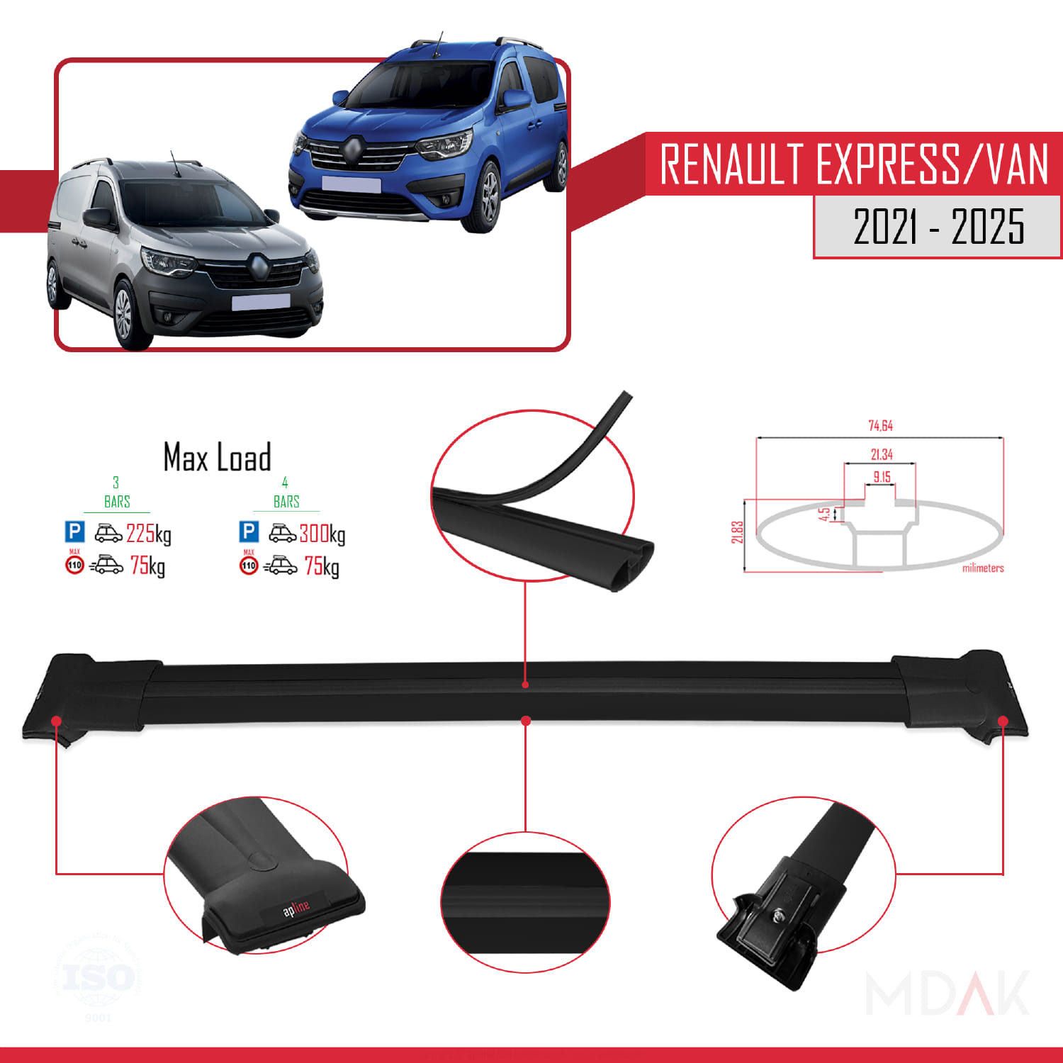 Renault Express 2021 ve Sonrası ile Uyumlu FLY Model Ara Atkı Tavan Barı Siyah 3 Adet - Görsel 3