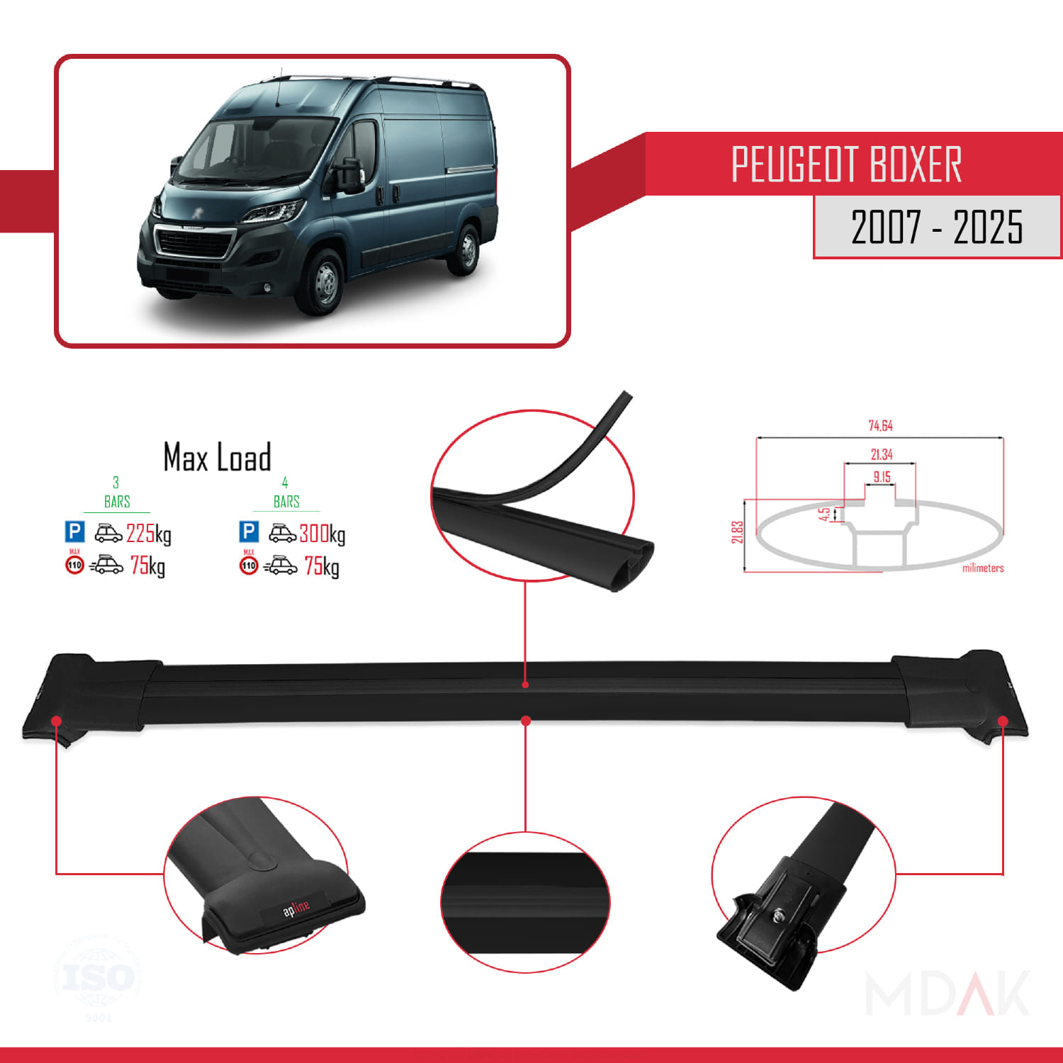 Peugeot Boxer 2 2007 ve Sonrası ile Uyumlu FLY Model Ara Atkı Tavan Barı Siyah 3 Adet - Görsel 3