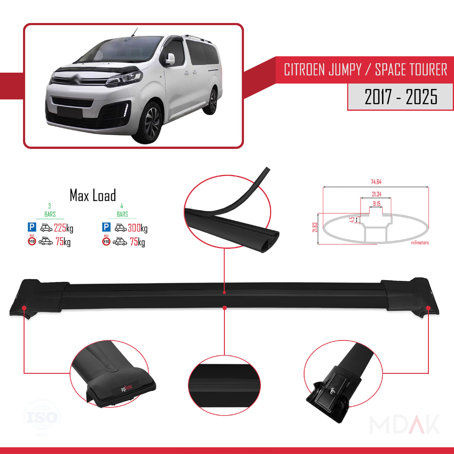 Citroen Jumpy 3 (K0) Space Tourer 2017 ve Sonrası ile Uyumlu FLY Model Ara Atkı Tavan Barı Siyah 3 Adet - Görsel 3