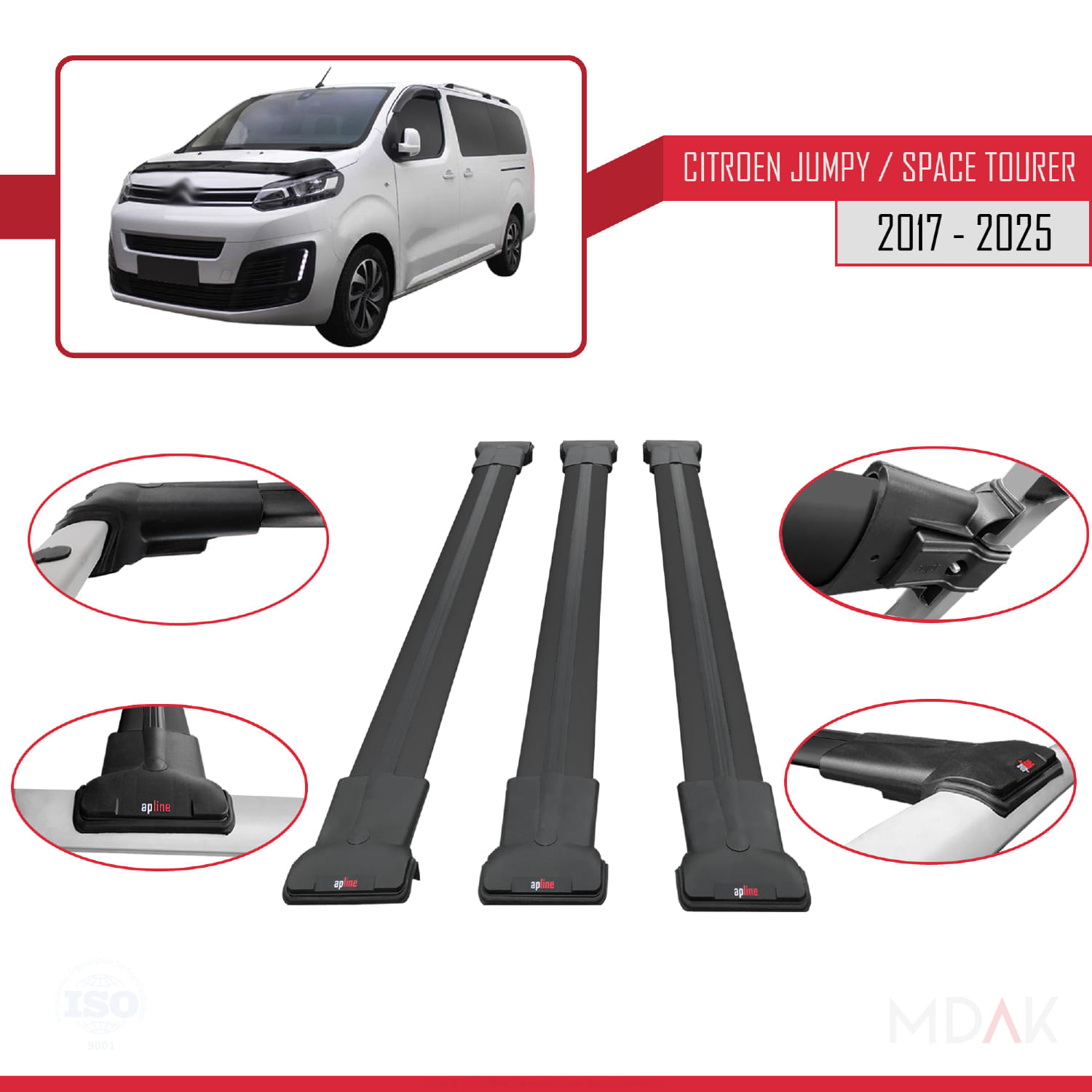 Citroen Jumpy 3 (K0) Space Tourer 2017 ve Sonrası ile Uyumlu FLY Model Ara Atkı Tavan Barı Siyah 3 Adet - Görsel 4