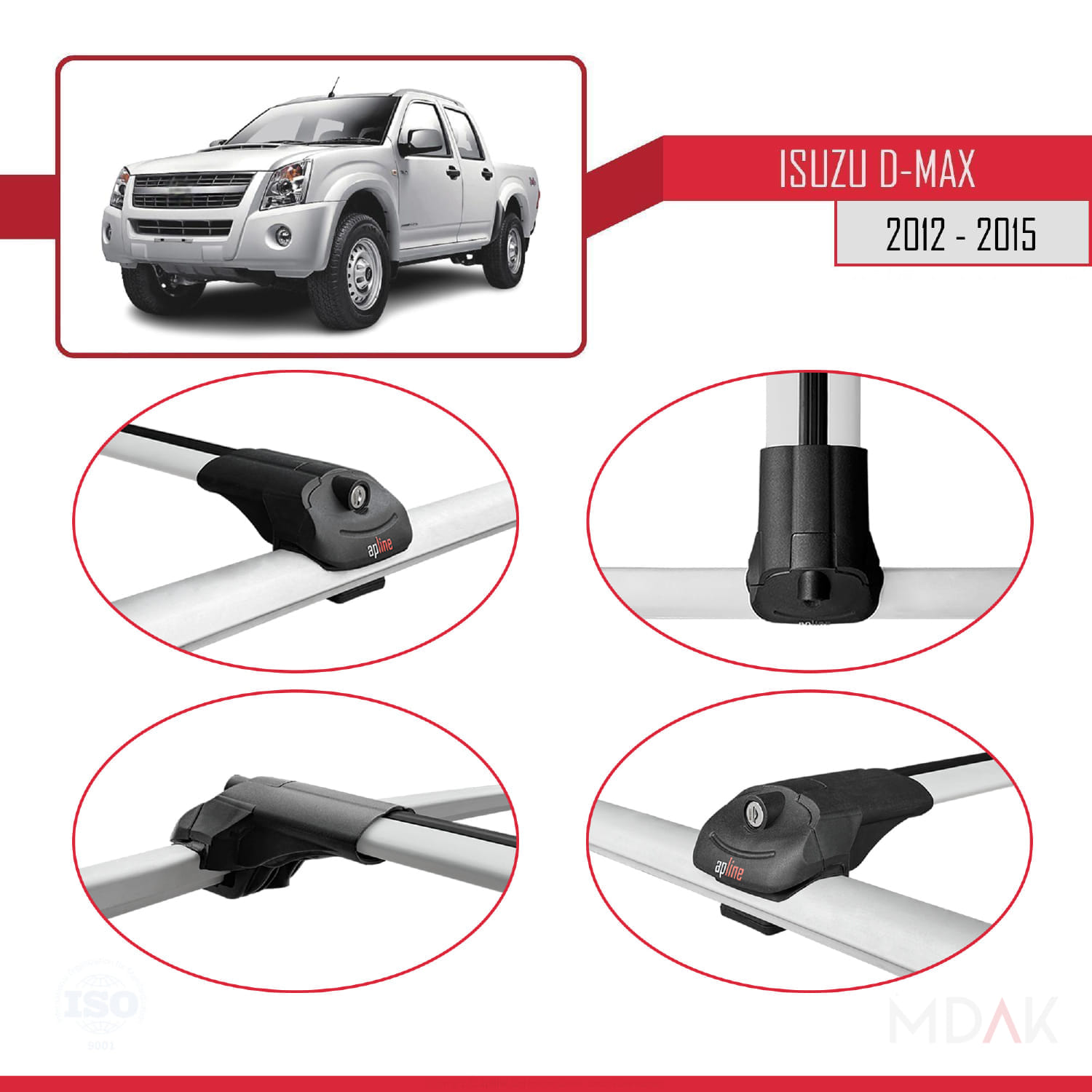 Isuzu D-Max 2 (RT50) Pre-Facelift 2012-2015 Arası ile Uyumlu ACE-1 Ara Atkı Tavan Barı Gri 3 Adet - Görsel 4