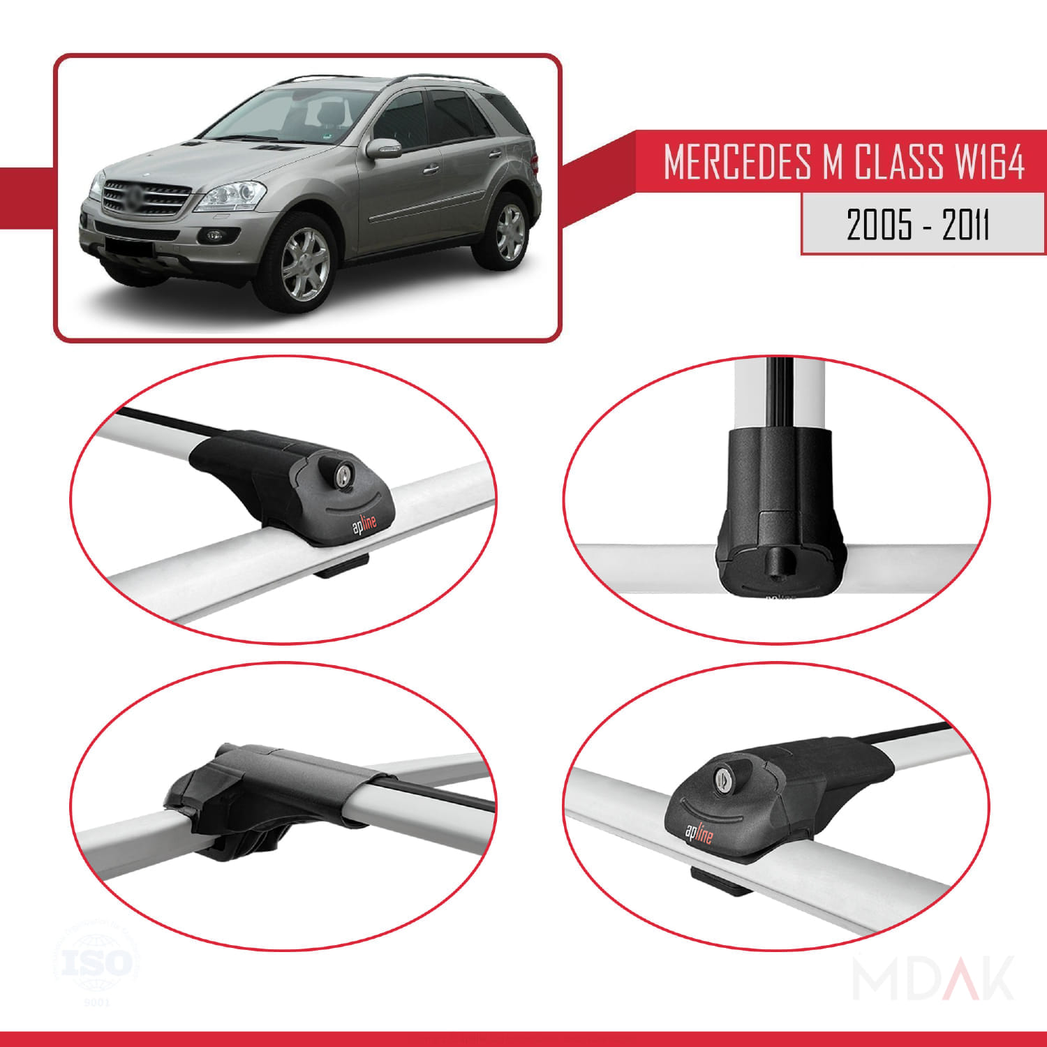 Mercedes M Class 2 (W164) 2005-2011 Arası ile Uyumlu ACE-1 Ara Atkı Tavan Barı Gri 3 Adet - Görsel 4