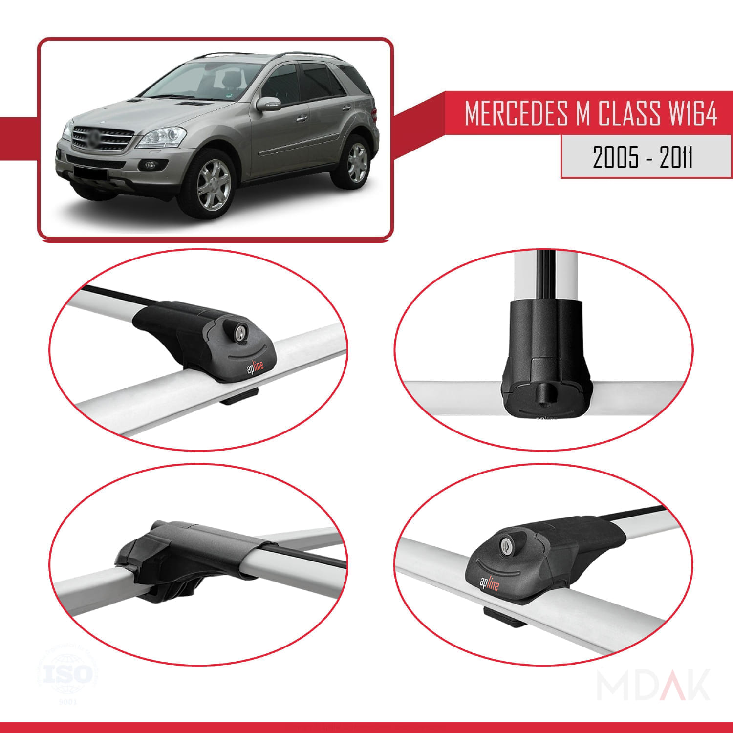 Mercedes M Class 2 (W164) 2005-2011 Arası ile Uyumlu ACE-1 Ara Atkı Tavan Barı Gri 2 Adet - Görsel 4