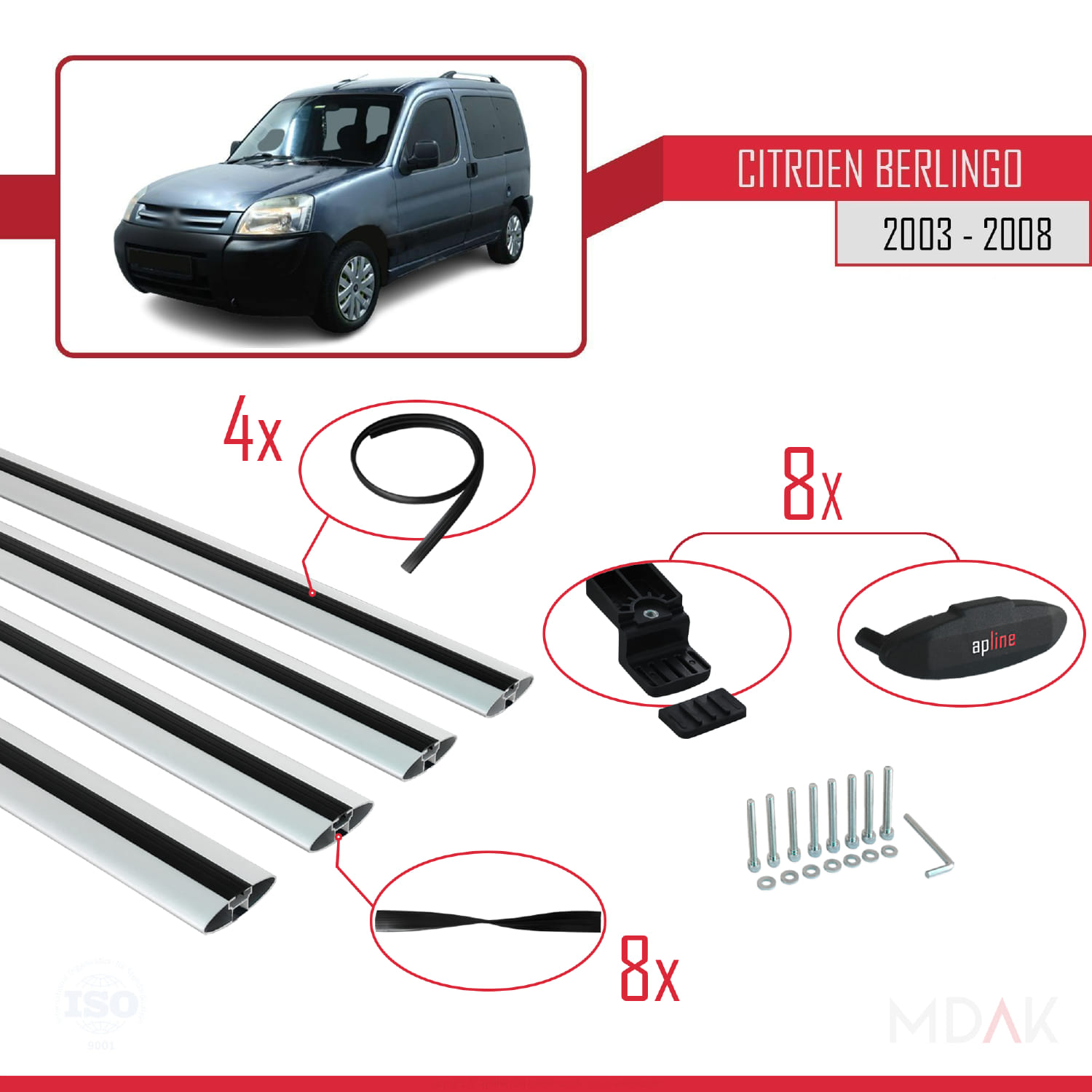 Citroen Berlingo (M59) 2003-2008 Arası ile Uyumlu BASIC Model Ara Atkı Tavan Barı Gri 4 Adet - Görsel 5