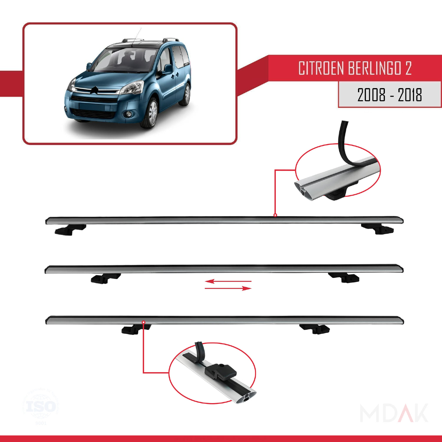 Citroen Berlingo 2 (B9) 2008-2018 Arası ile Uyumlu BASIC Model Ara Atkı Tavan Barı Gri 2 Adet - Görsel 6