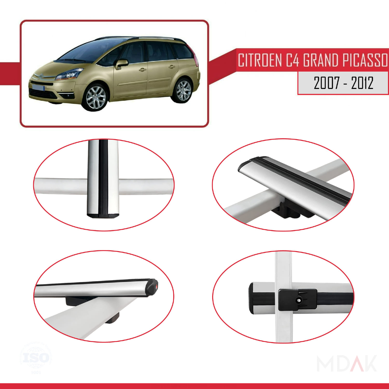 Citroen Grand C4 Picasso 2007-2012 Arası ile Uyumlu BASIC Model Ara Atkı Tavan Barı Gri 2 Adet - Görsel 4