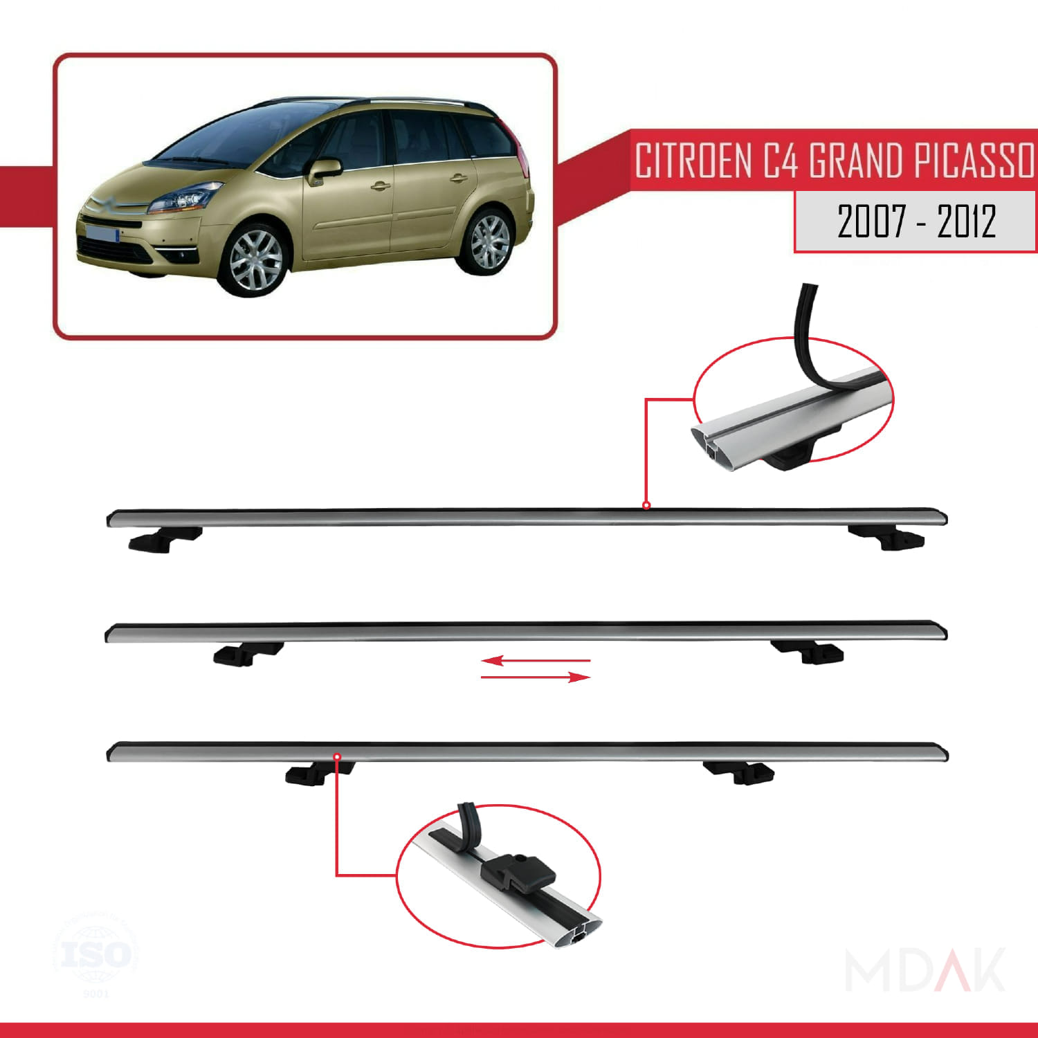 Citroen Grand C4 Picasso 2007-2012 Arası ile Uyumlu BASIC Model Ara Atkı Tavan Barı Gri 2 Adet - Görsel 5