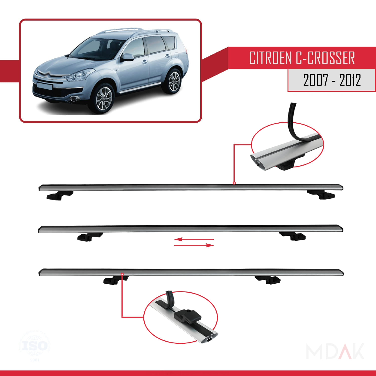 Citroen C-Crosser 2007-2012 Arası ile Uyumlu BASIC Model Ara Atkı Tavan Barı Gri 2 Adet - Görsel 5