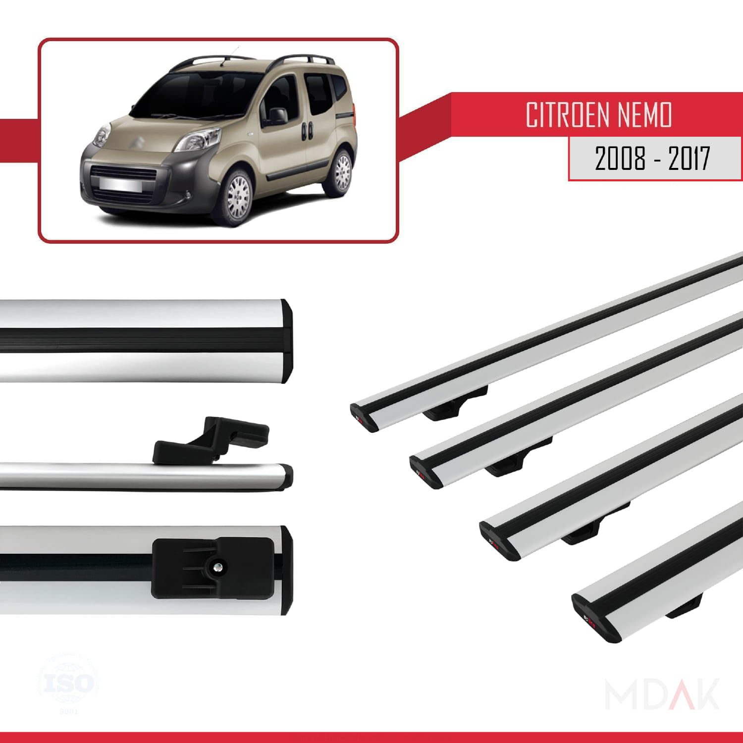 Citroen Nemo 3 (225) 2007-2024 Arası ile Uyumlu BASIC Model Ara Atkı Tavan Barı Gri 4 Adet - Görsel 3