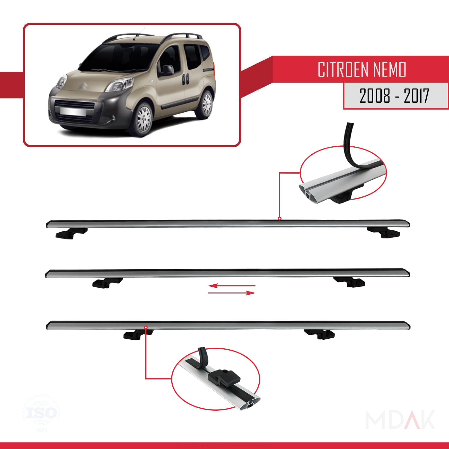Citroen Nemo 3 (225) 2007-2024 Arası ile Uyumlu BASIC Model Ara Atkı Tavan Barı Gri 4 Adet - Görsel 4