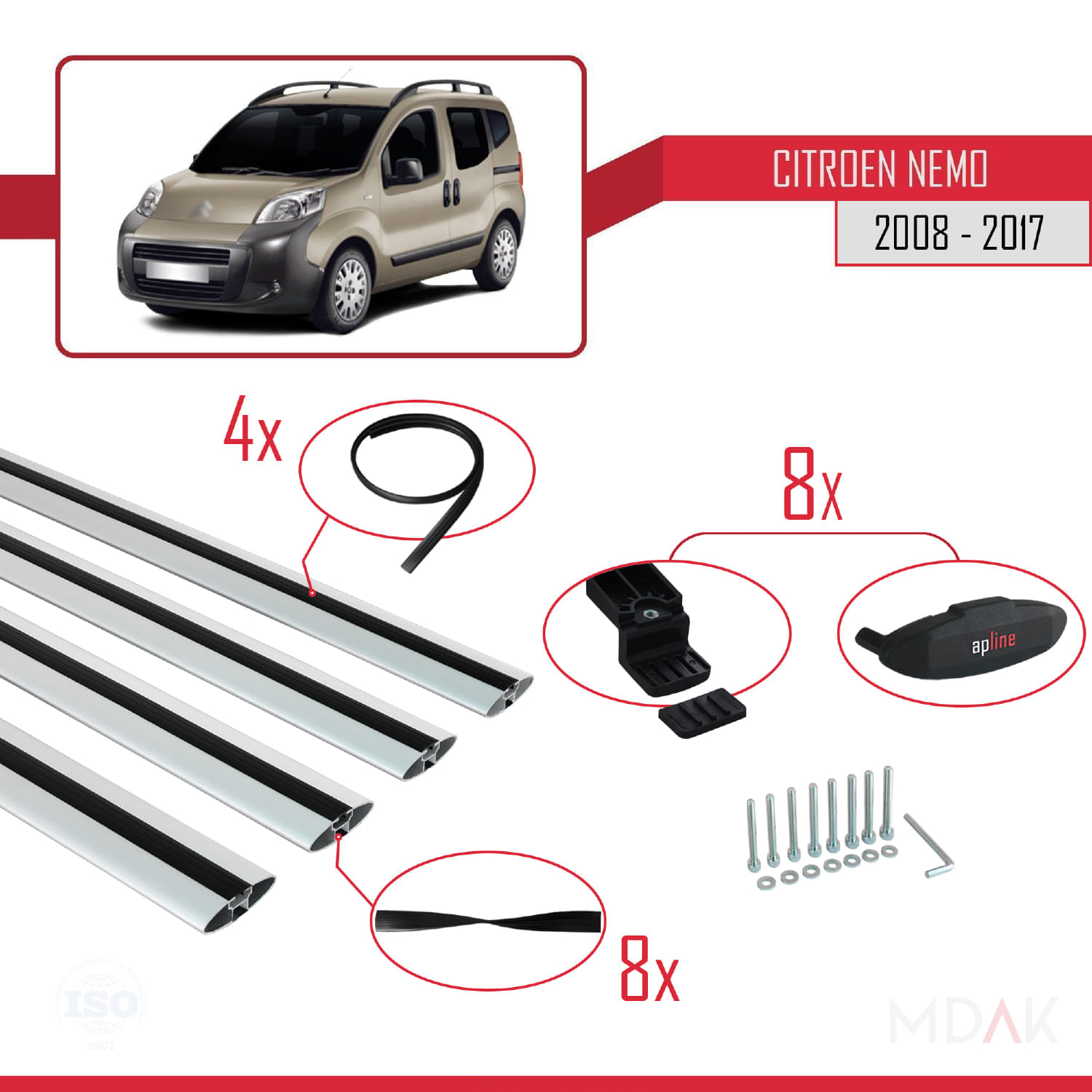 Citroen Nemo 3 (225) 2007-2024 Arası ile Uyumlu BASIC Model Ara Atkı Tavan Barı Gri 4 Adet - Görsel 5