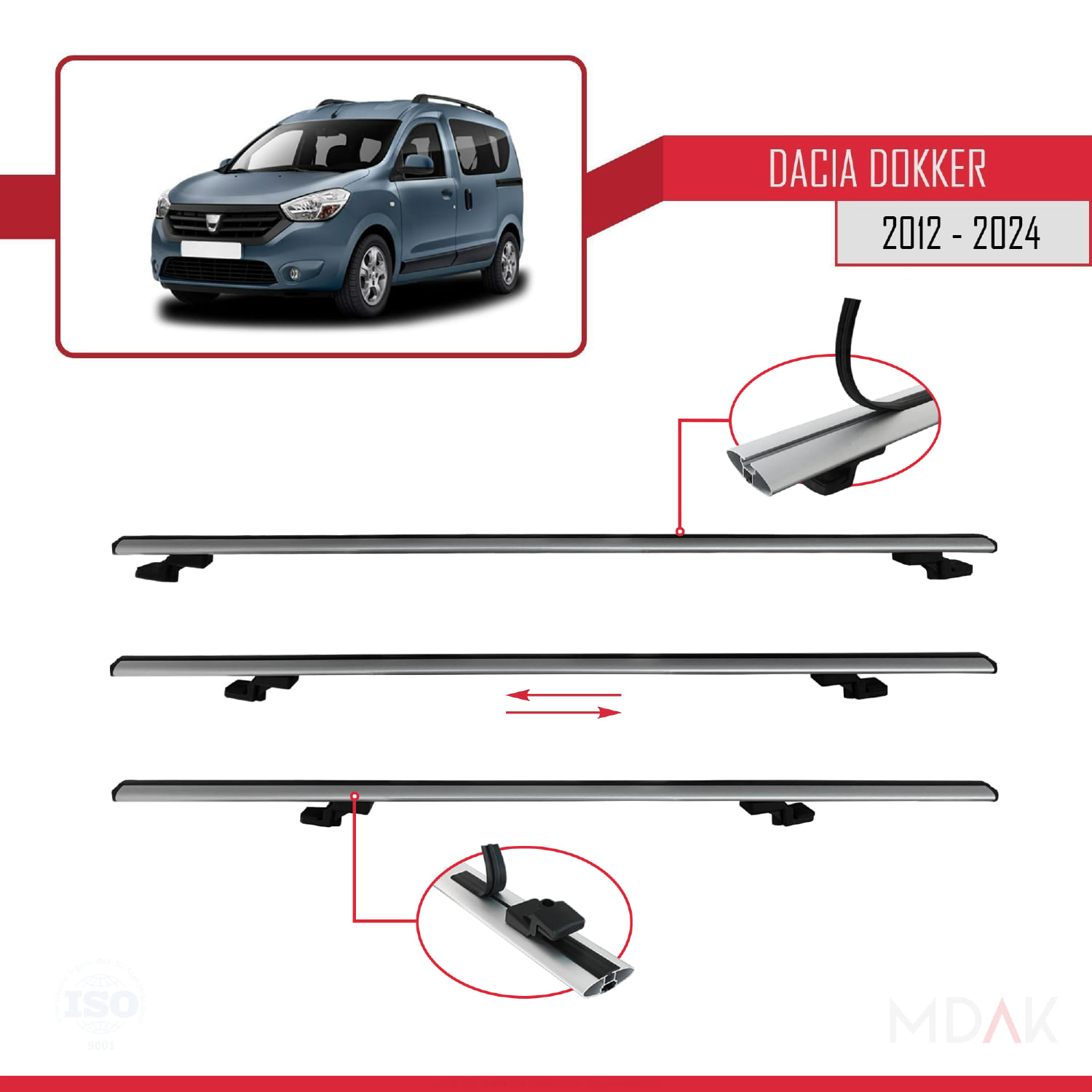 Dacia Dokker (K67) 2012-2024 Arası ile Uyumlu BASIC Model Ara Atkı Tavan Barı Gri 2 Adet - Görsel 6