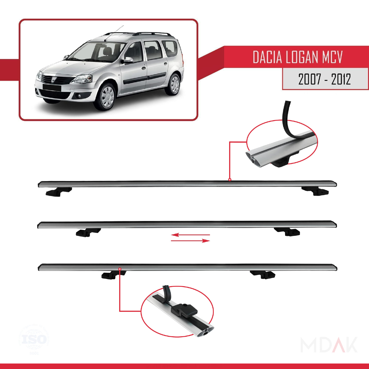 Dacia Logan 2 MCV (K52) 2007-2012 Arası ile Uyumlu BASIC Model Ara Atkı Tavan Barı Gri 2 Adet - Görsel 5