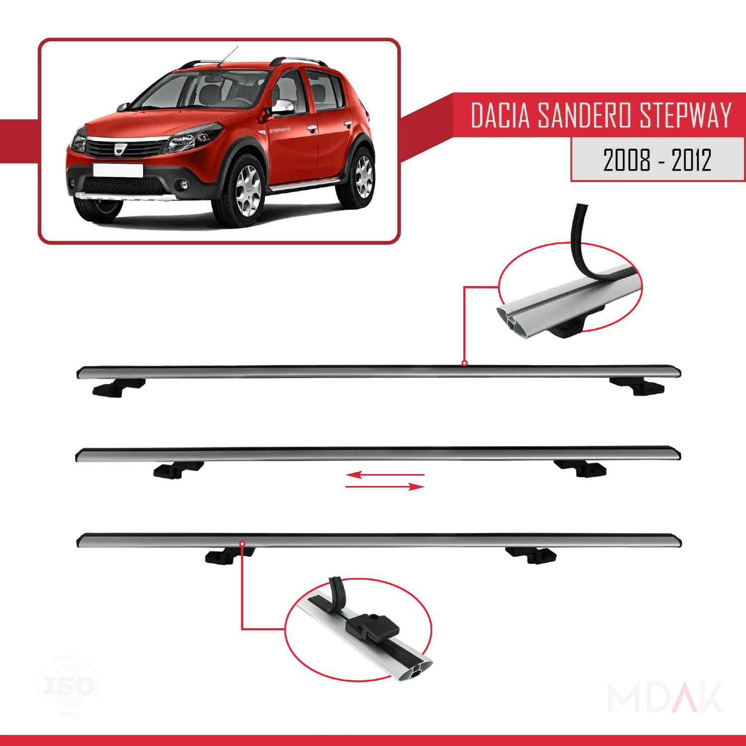 Dacia Sandero Stepway 2008-2012 Arası ile Uyumlu BASIC Model Ara Atkı Tavan Barı Gri 2 Adet - Görsel 5