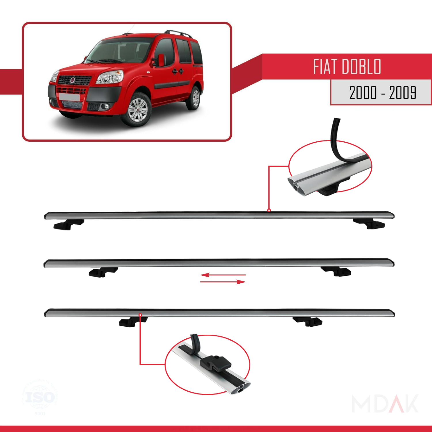 Fiat Doblo 2000-2009 Arası ile Uyumlu BASIC Model Ara Atkı Tavan Barı Gri 4 Adet - Görsel 4