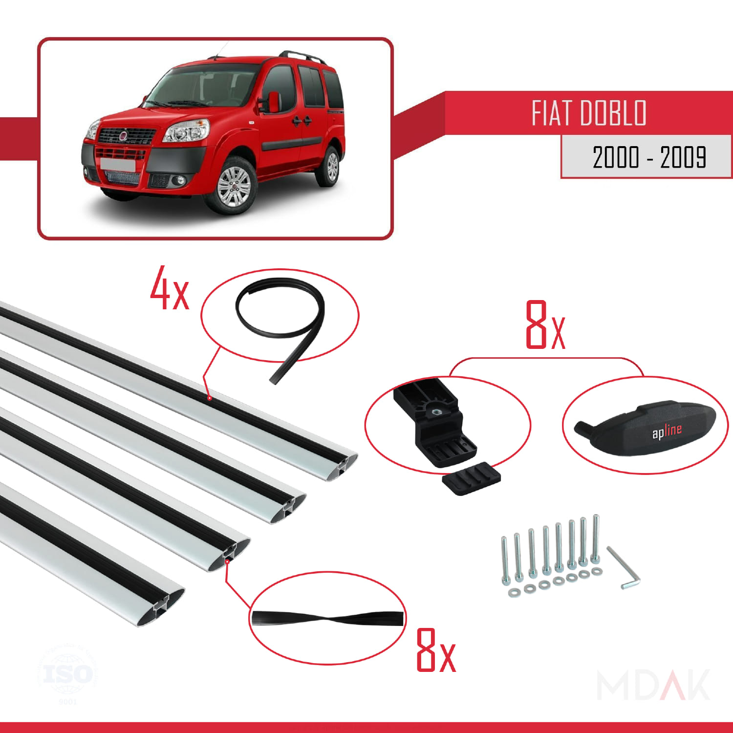 Fiat Doblo 2000-2009 Arası ile Uyumlu BASIC Model Ara Atkı Tavan Barı Gri 4 Adet - Görsel 5