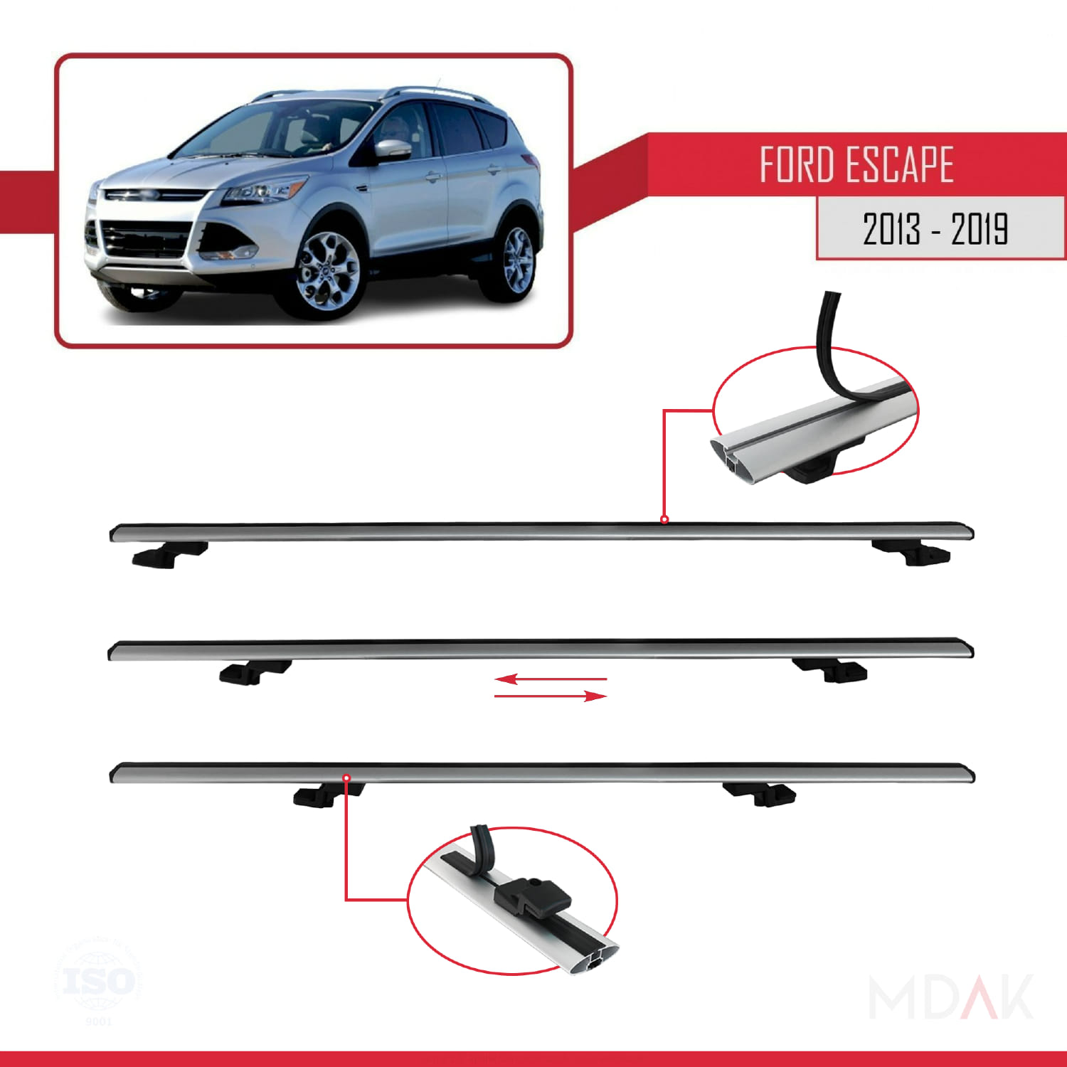 Ford Escape 3 2013-2019 Arası ile Uyumlu BASIC Model Ara Atkı Tavan Barı Gri 2 Adet - Görsel 5