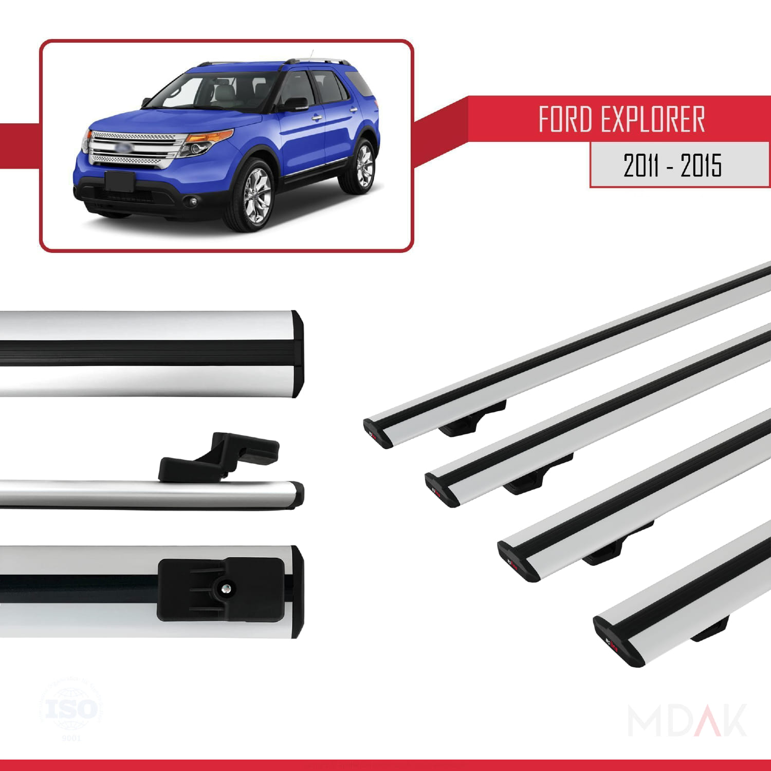 Ford Explorer 5 (U502) Pre-Facelift 2011-2015 Arası ile Uyumlu BASIC Model Ara Atkı Tavan Barı Gri 4 Adet - Görsel 3