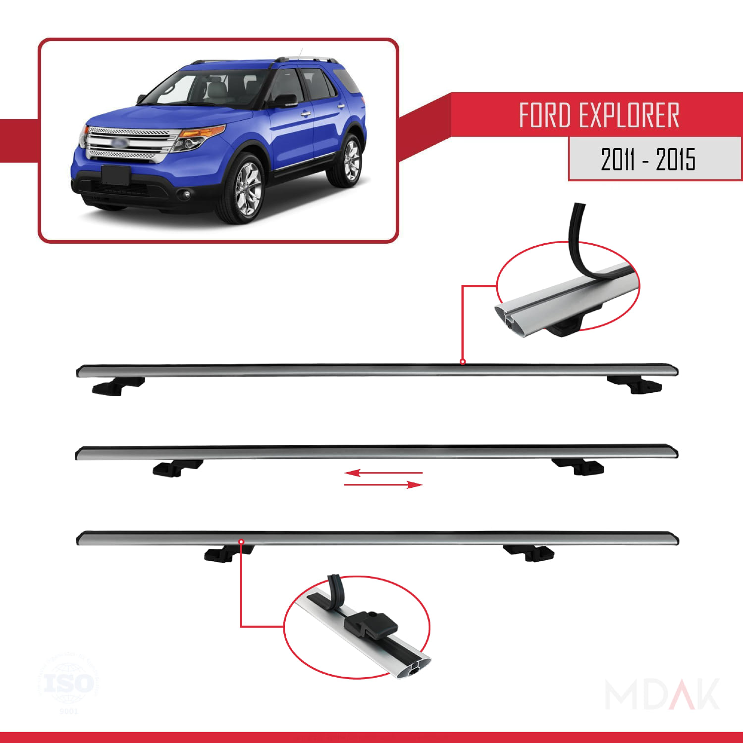 Ford Explorer 5 (U502) Pre-Facelift 2011-2015 Arası ile Uyumlu BASIC Model Ara Atkı Tavan Barı Gri 4 Adet - Görsel 4