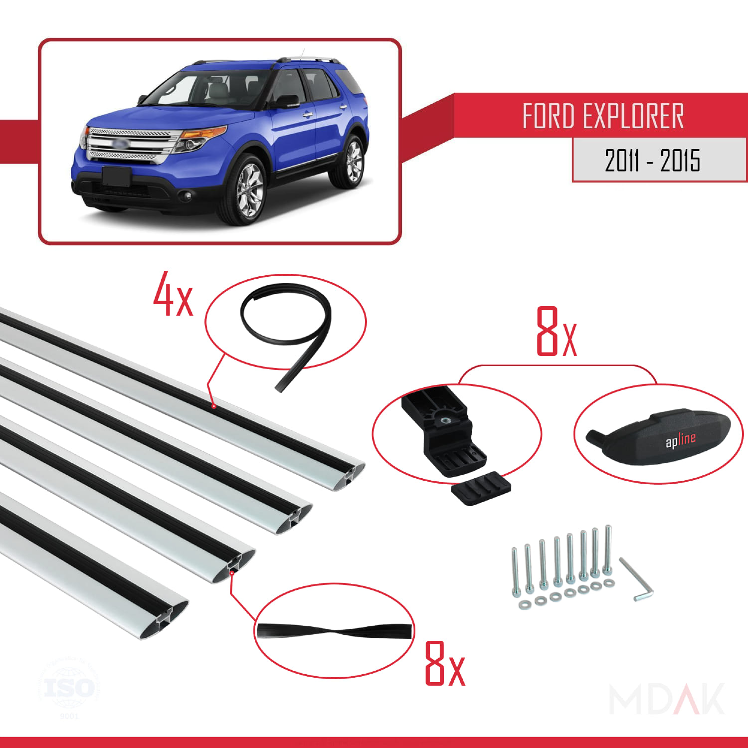 Ford Explorer 5 (U502) Pre-Facelift 2011-2015 Arası ile Uyumlu BASIC Model Ara Atkı Tavan Barı Gri 4 Adet - Görsel 5