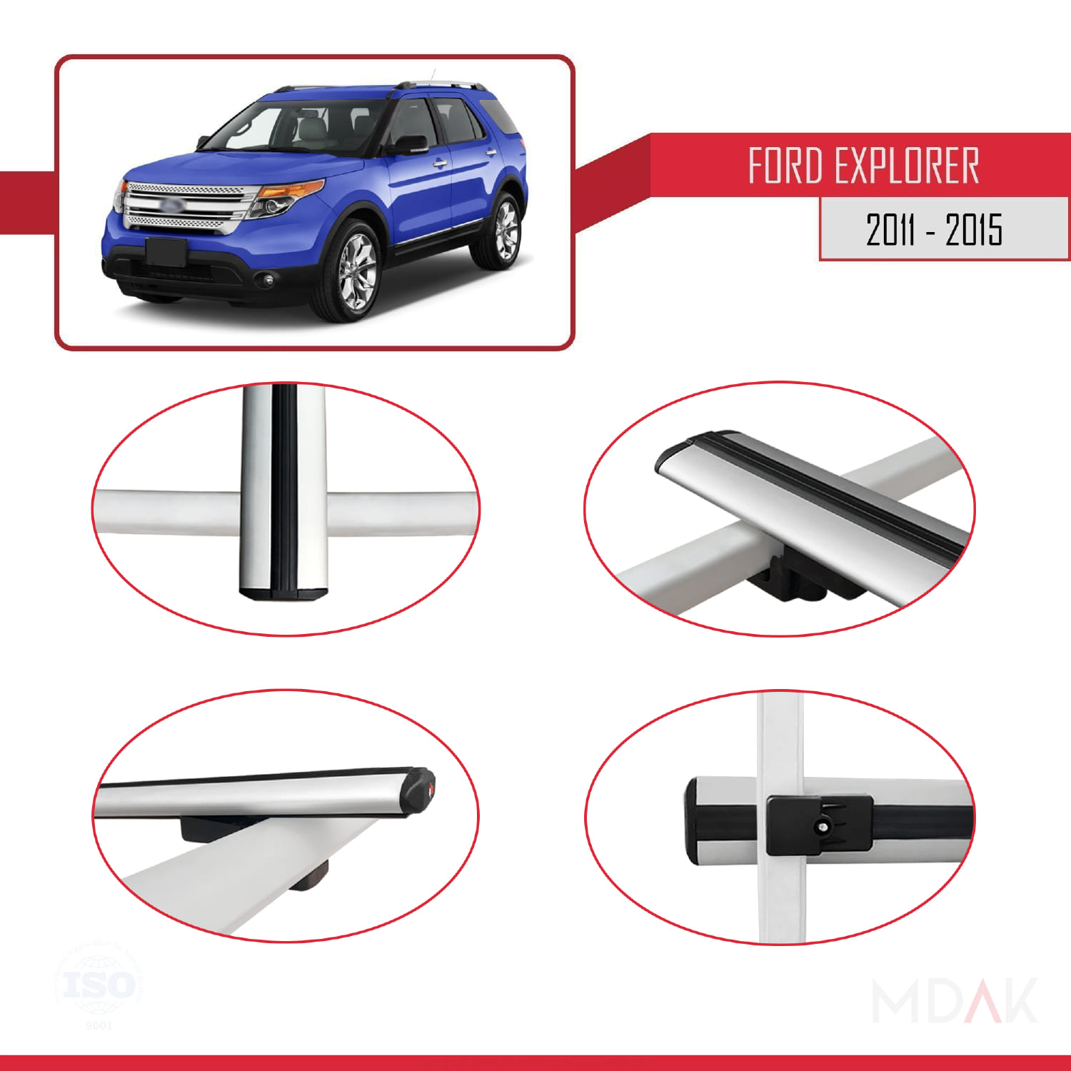Ford Explorer 5 (U502) Pre-Facelift 2011-2015 Arası ile Uyumlu BASIC Model Ara Atkı Tavan Barı Gri 2 Adet - Görsel 4
