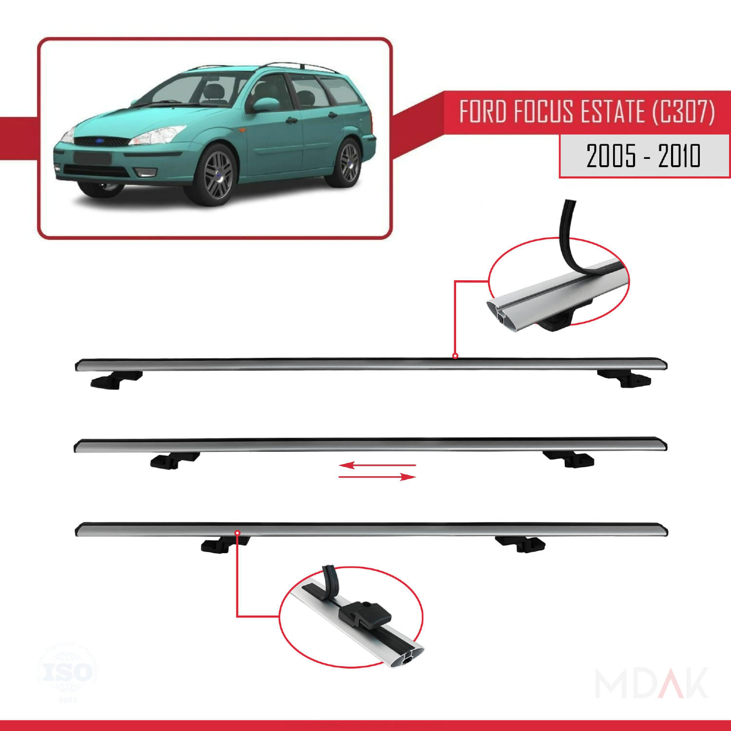 Ford Focus 2 (C307) SW 2005-2010 Arası ile Uyumlu BASIC Model Ara Atkı Tavan Barı Gri 2 Adet - Görsel 5