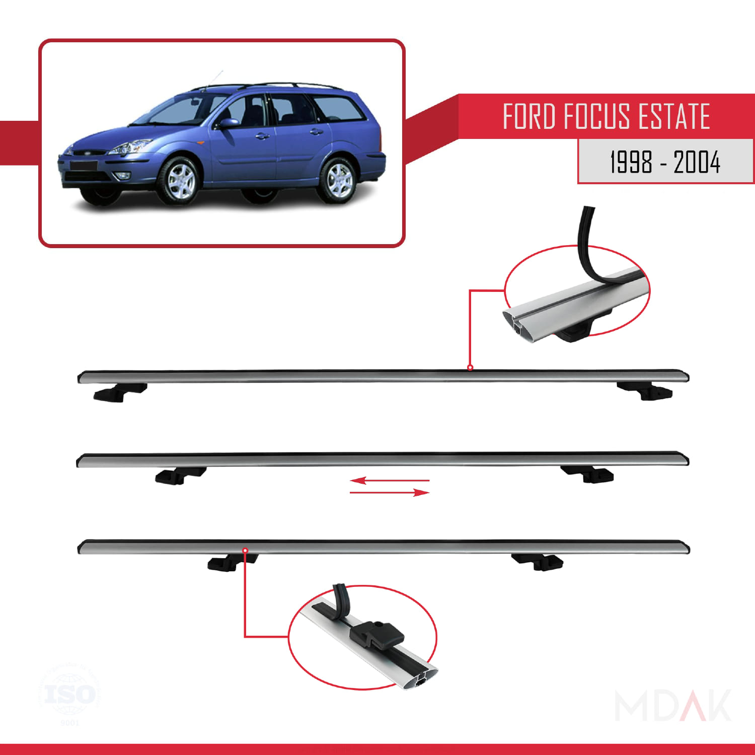 Ford Focus (C170) SW 1998-2004 Arası ile Uyumlu BASIC Model Ara Atkı Tavan Barı Gri 3 Adet - Görsel 5