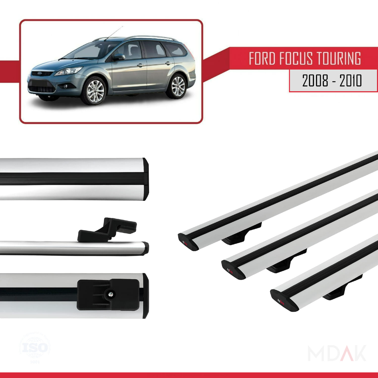 Ford Focus 2 (C307) Turnier 2008-2010 Arası ile Uyumlu BASIC Model Ara Atkı Tavan Barı Gri 3 Adet - Görsel 3