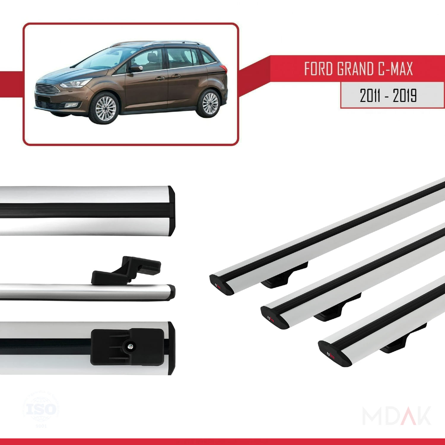 Ford Grand C-Max (C344) 2011-2019 Arası ile Uyumlu BASIC Model Ara Atkı Tavan Barı Gri 3 Adet - Görsel 3