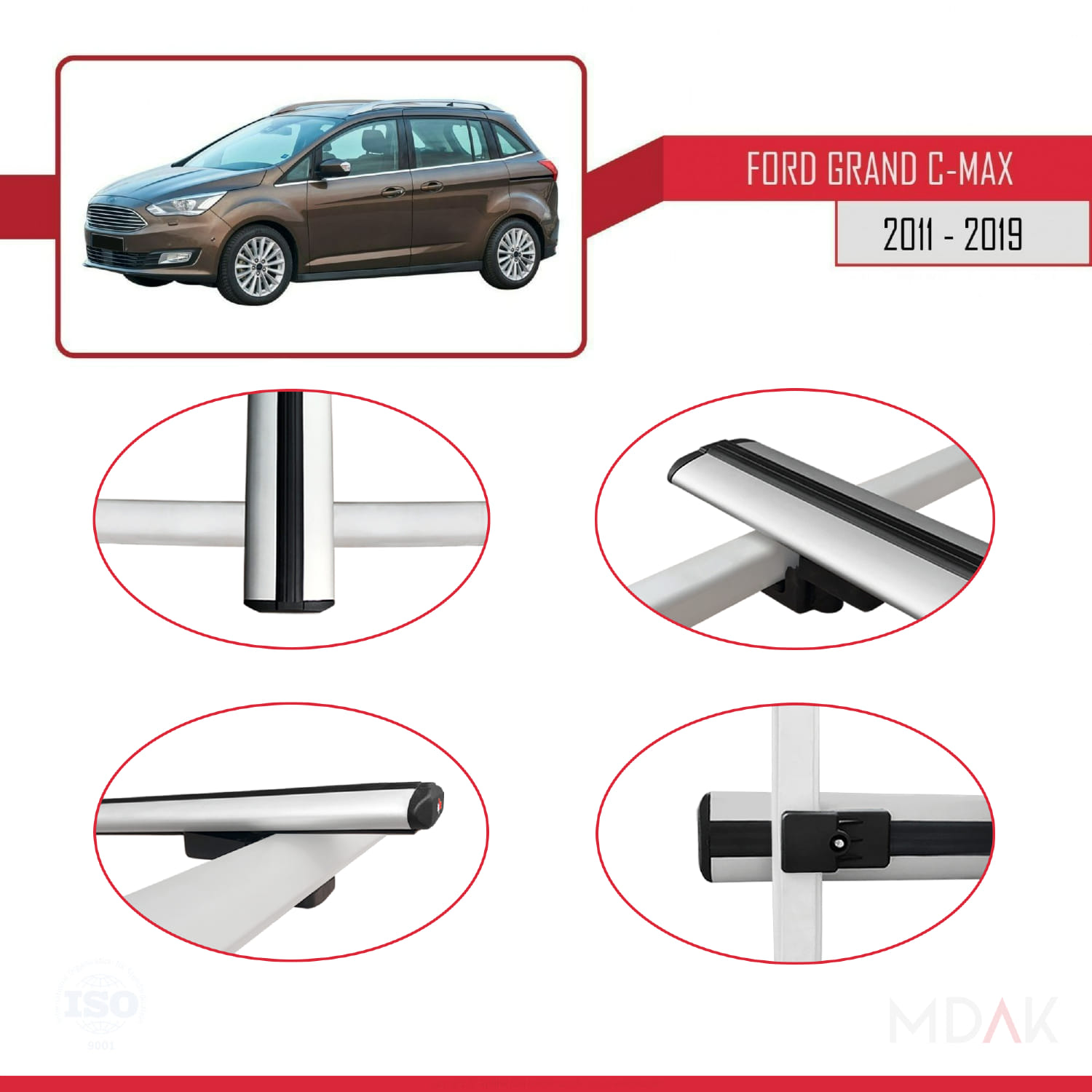 Ford Grand C-Max (C344) 2011-2019 Arası ile Uyumlu BASIC Model Ara Atkı Tavan Barı Gri 3 Adet - Görsel 4