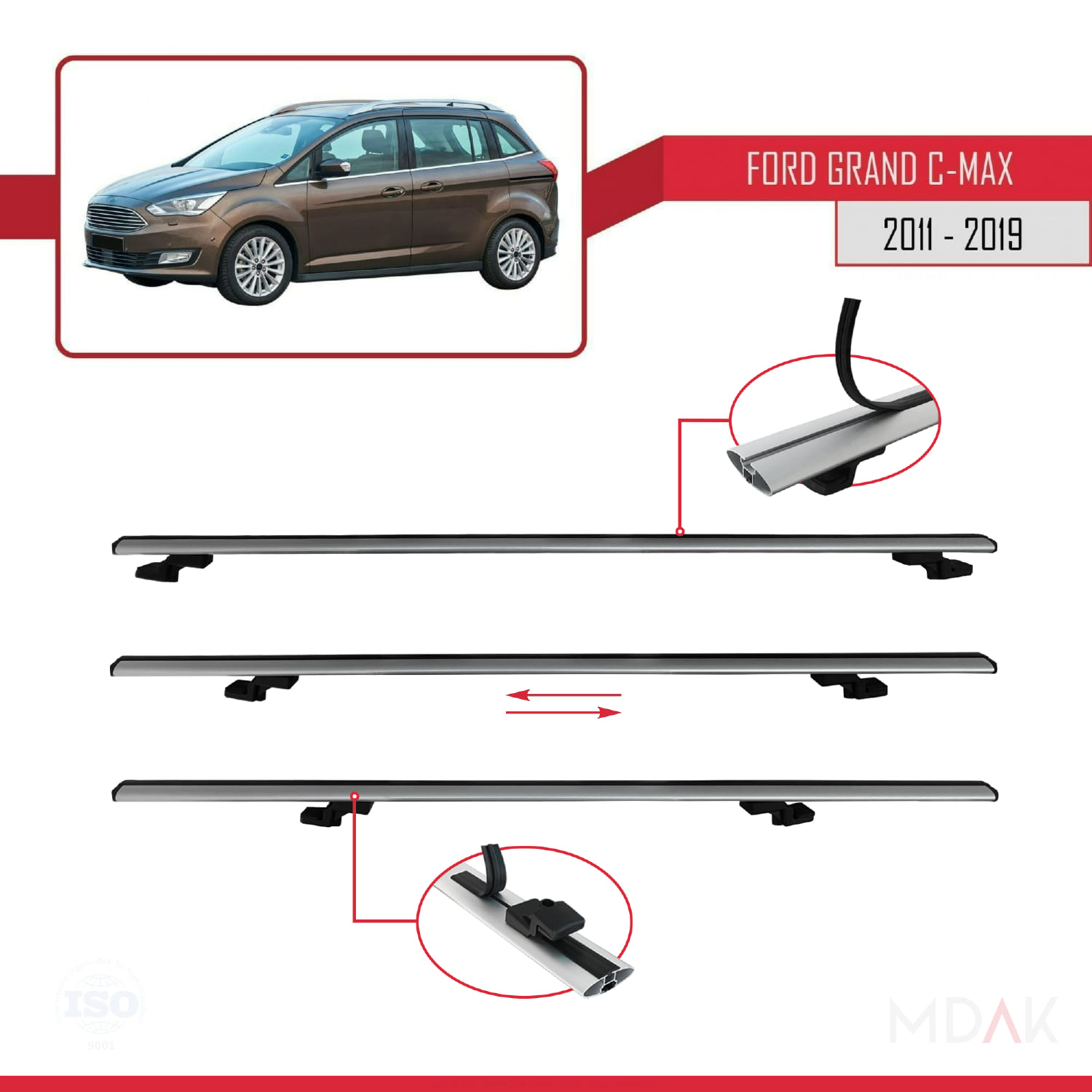 Ford Grand C-Max (C344) 2011-2019 Arası ile Uyumlu BASIC Model Ara Atkı Tavan Barı Gri 3 Adet - Görsel 5