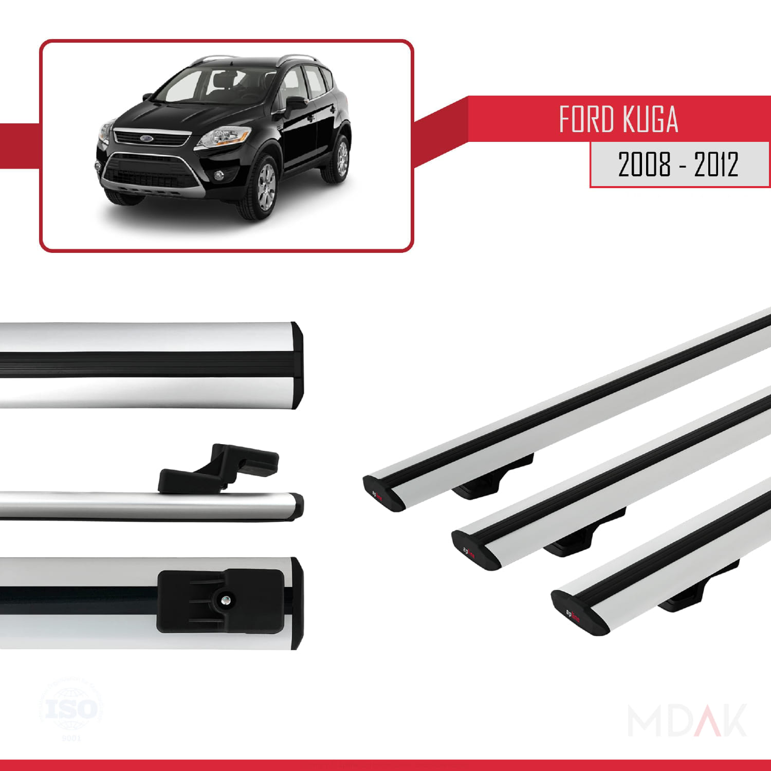 Ford Kuga (C394) 2008-2012 Arası ile Uyumlu BASIC Model Ara Atkı Tavan Barı Gri 3 Adet - Görsel 3